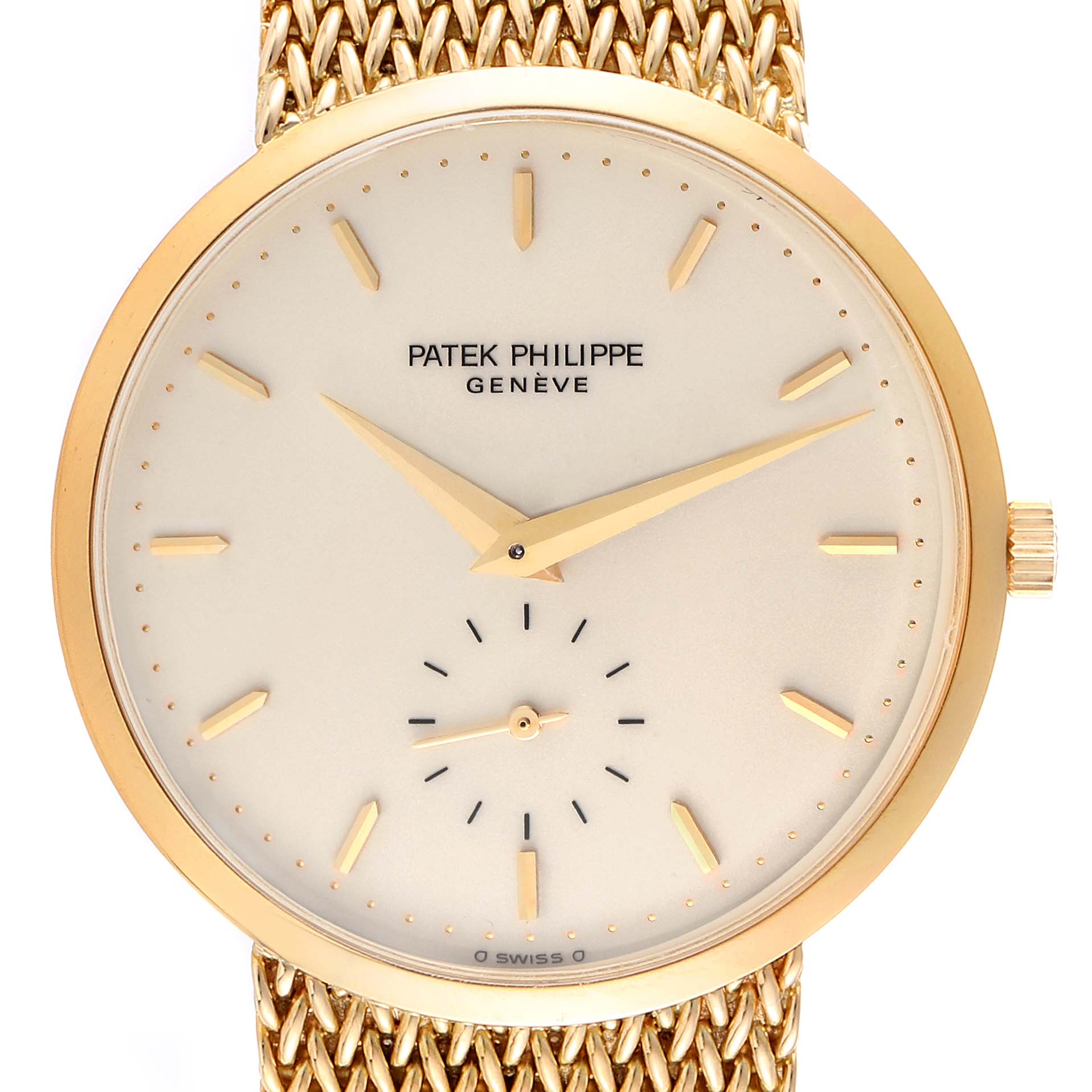 The image shows a close-up, straight-on view of a Patek Philippe Calatrava 3893/1 Men's Yellow Gold Beige Dial 3893/1 Men's Yellow Gold Beige Dial watch, highlighting the dial, hands, and part of the mesh bracelet.
