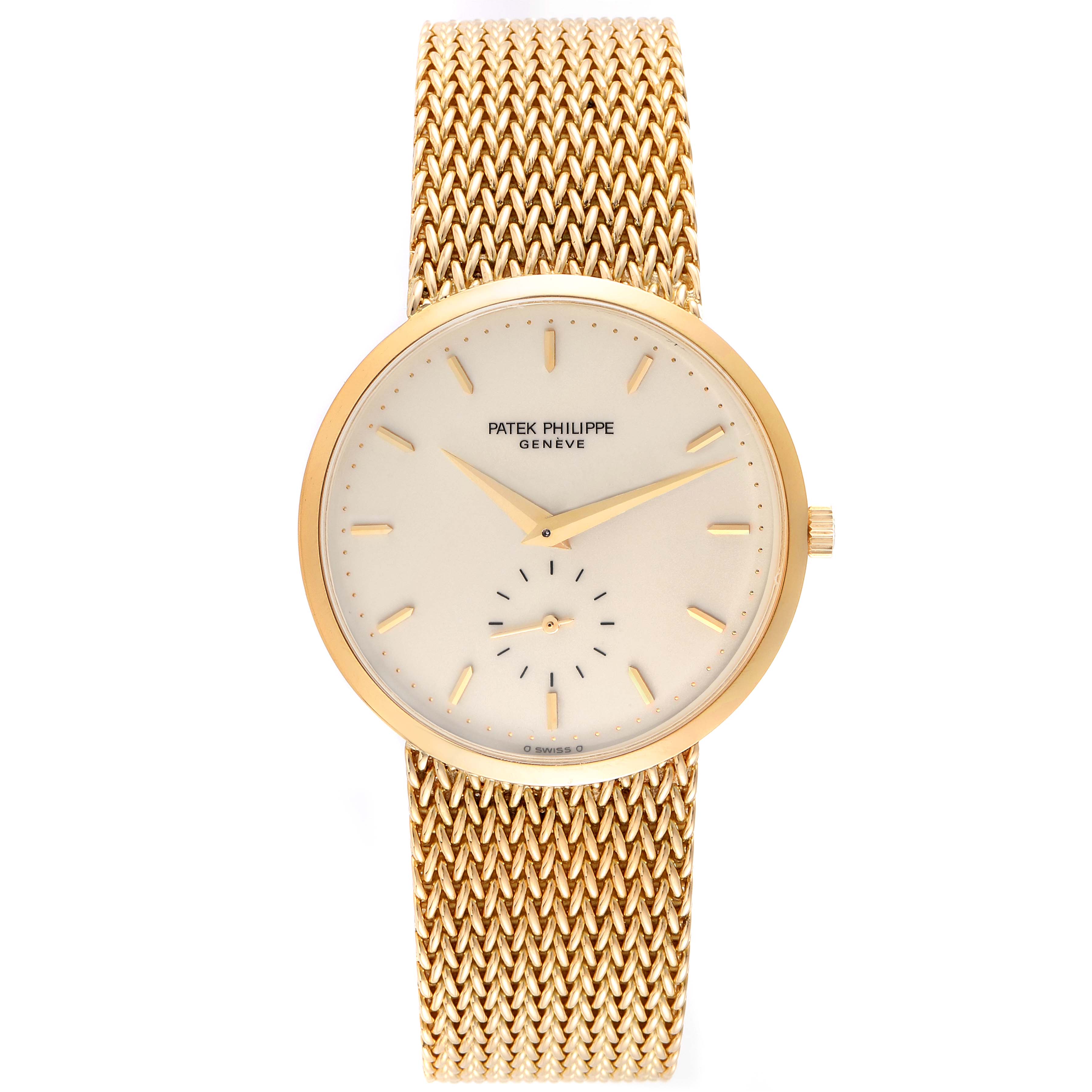 The Patek Philippe Calatrava 3893/1 Men's Yellow Gold Beige Dial 3893/1 Men's Yellow Gold Beige Dial watch is shown from a top-down angle, highlighting its golden mesh strap and round dial.