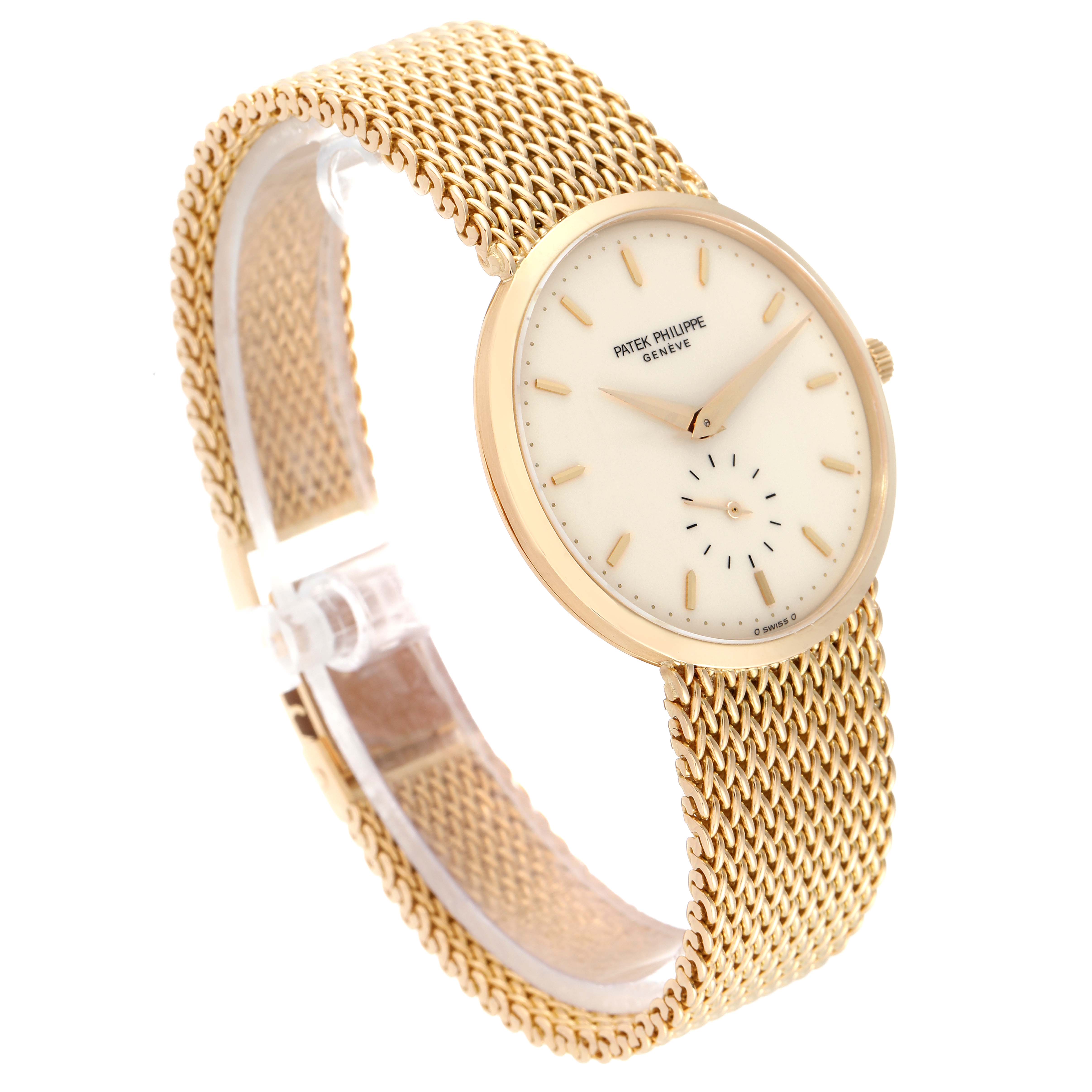 This image shows a Patek Philippe Calatrava 3893/1 Men's Yellow Gold Beige Dial 3893/1 Men's Yellow Gold Beige Dial watch at a three-quarter angle, showcasing its gold mesh bracelet, dial, and case.
