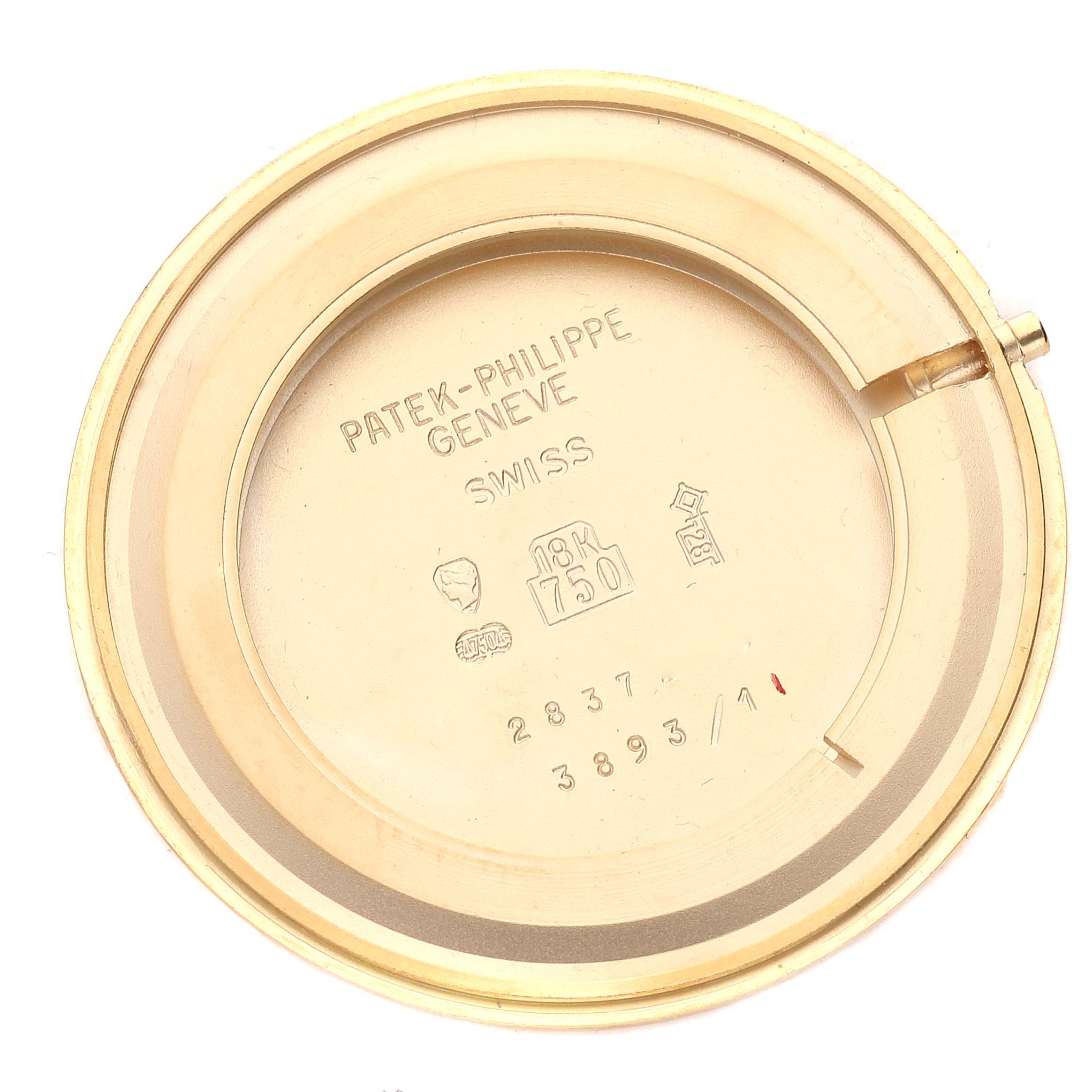 This is the case back of a Patek Philippe Calatrava 3893/1 Men's Yellow Gold Beige Dial 3893/1 Men's Yellow Gold Beige Dial watch, shown from the inside.