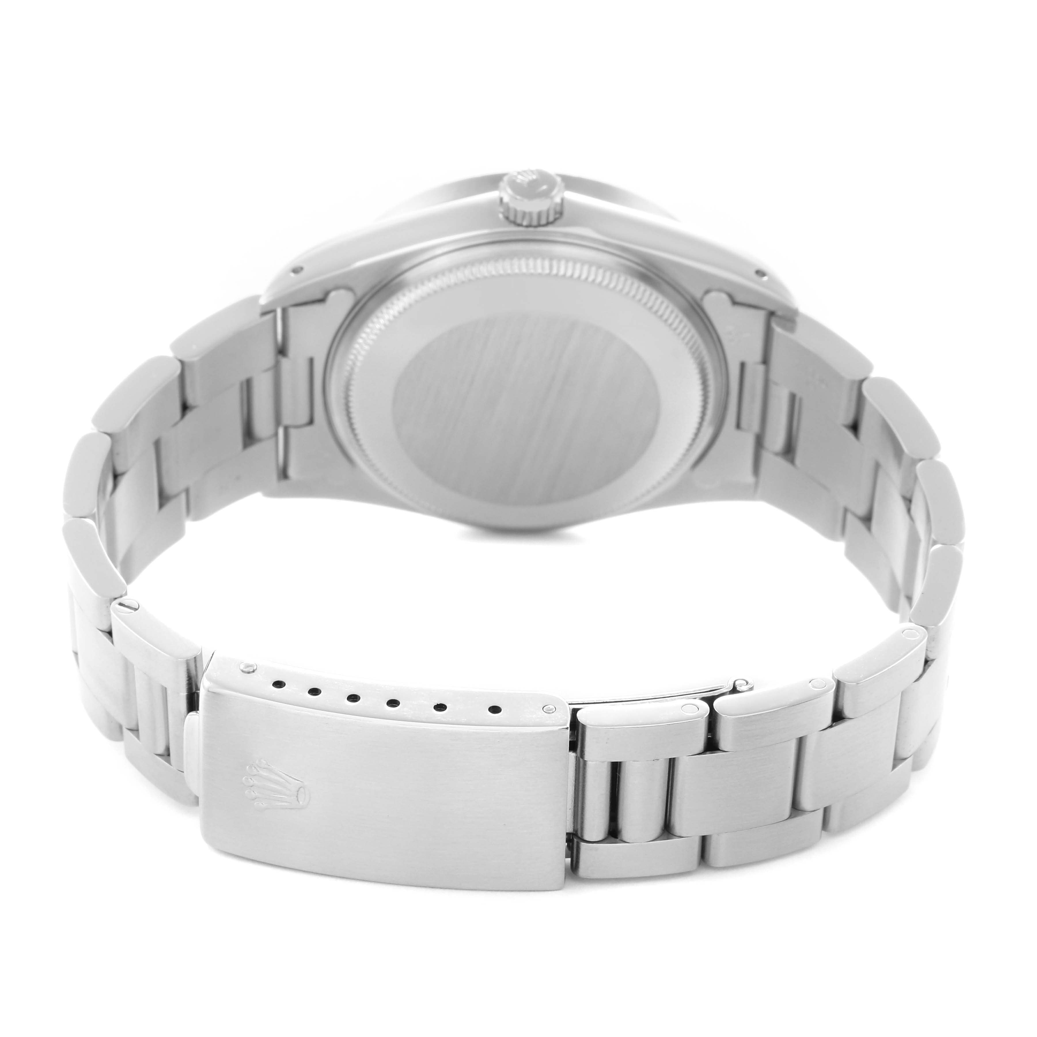 The image shows the back of the Rolex Air-King 14010 Men's Stainless Steel Silver Dial 14010 Men's Stainless Steel Silver Dial watch, highlighting the clasp, bracelet, and case back from an angled view.