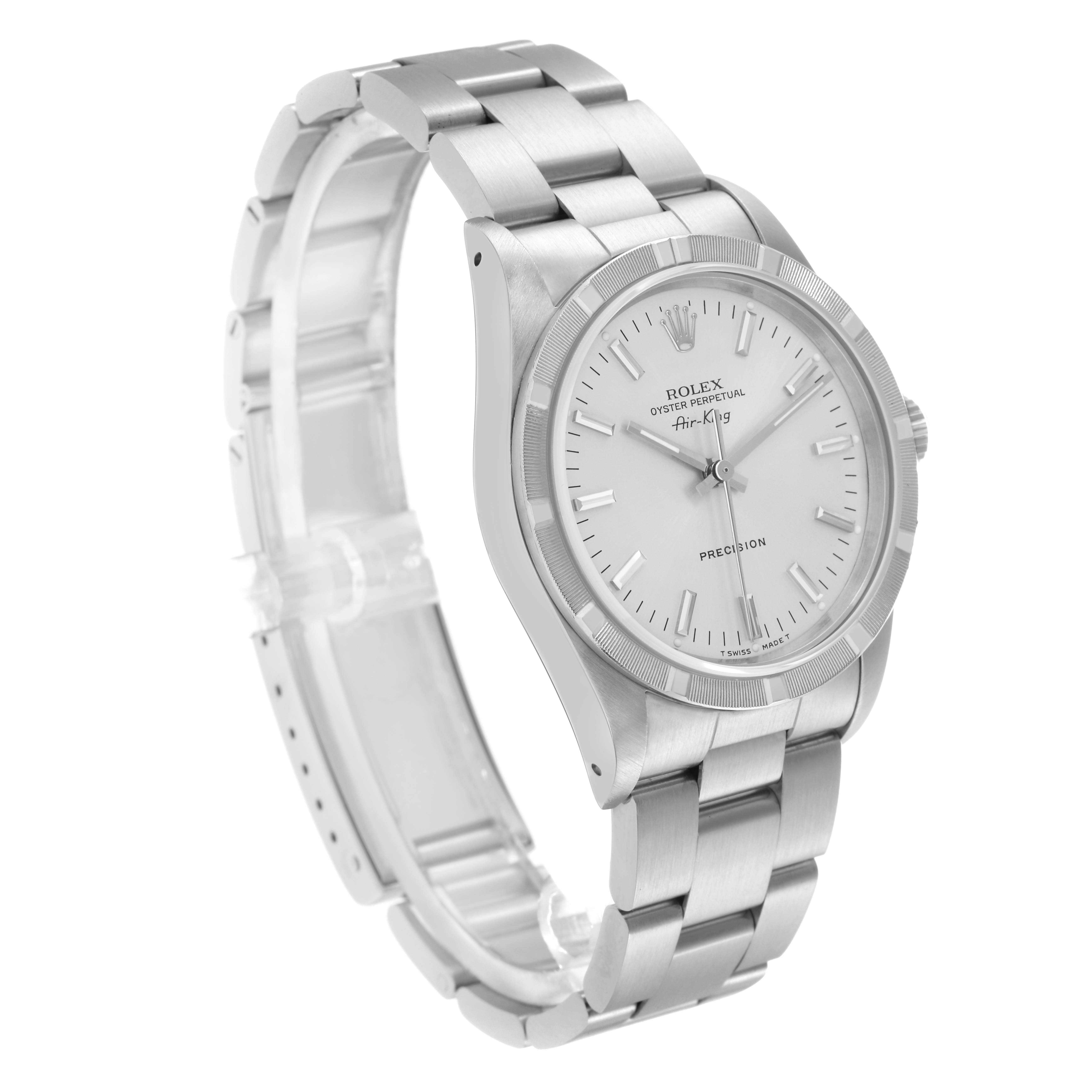 The Rolex Air-King 14010 Men's Stainless Steel Silver Dial 14010 Men's Stainless Steel Silver Dial is shown at a three-quarter angle, displaying the dial, bezel, and bracelet clearly.