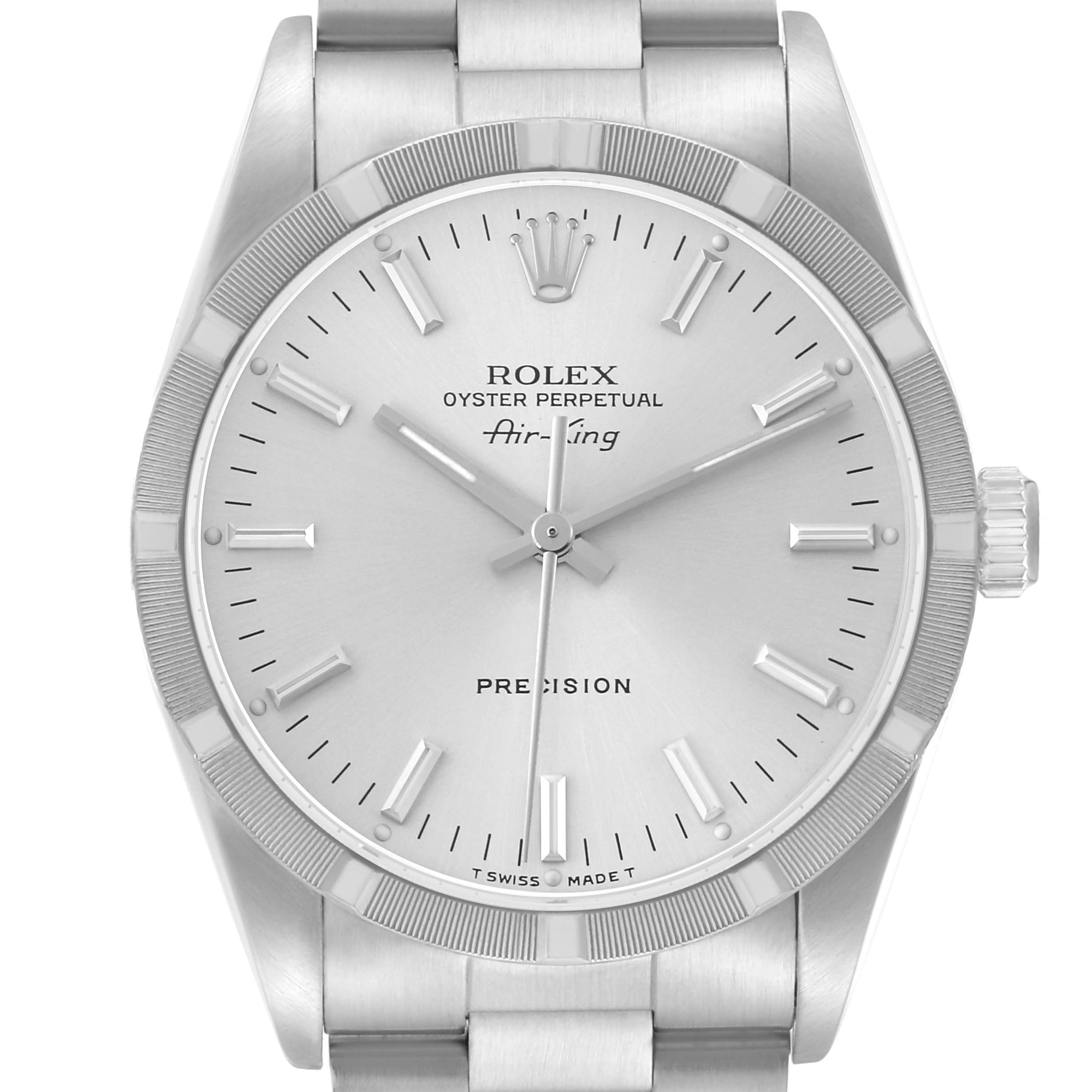 The image shows a front view of the Rolex Air-King 14010 Men's Stainless Steel Silver Dial 14010 Men's Stainless Steel Silver Dial watch, highlighting the dial, bezel, crown, and bracelet.