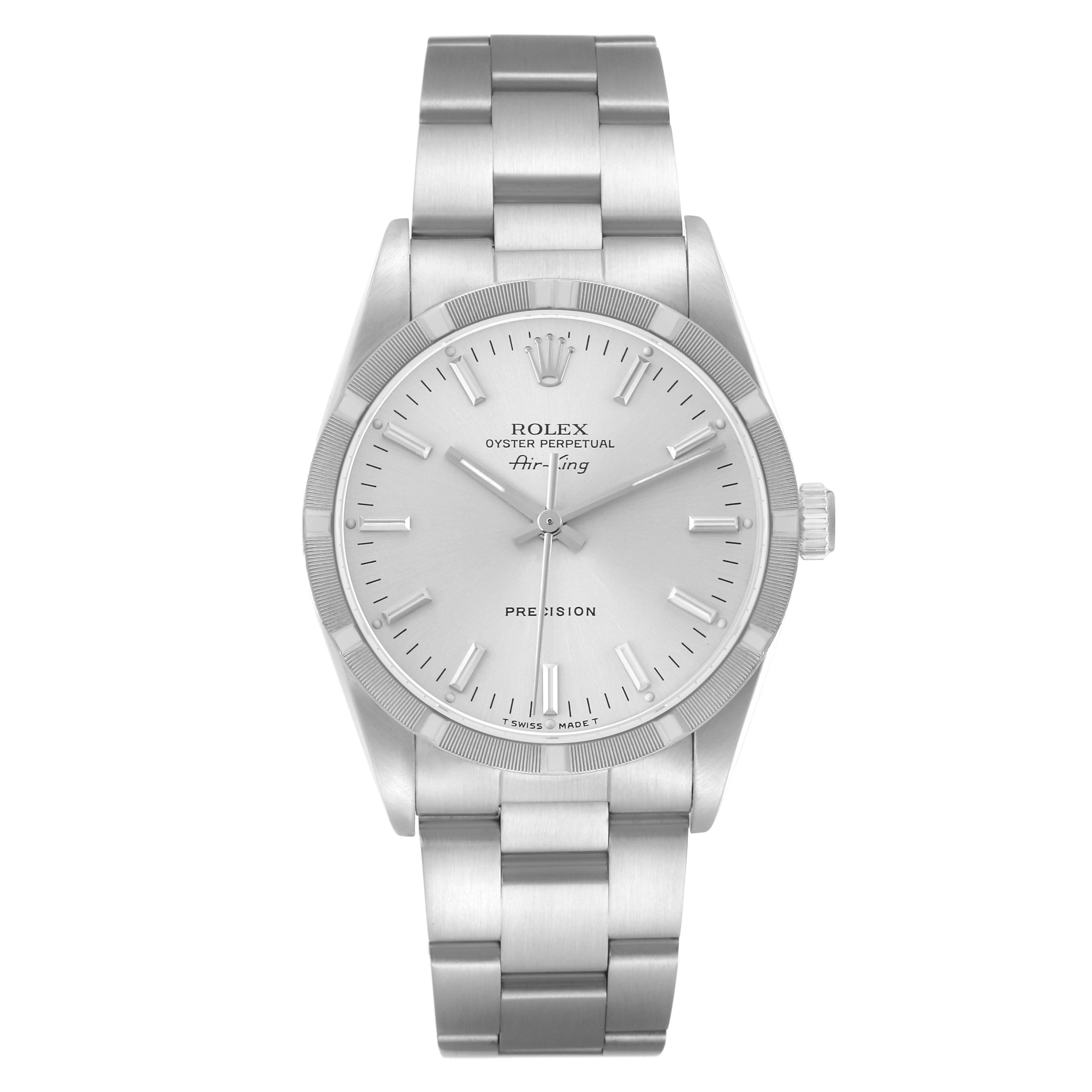 The Rolex Air-King 14010 Men's Stainless Steel Silver Dial 14010 Men's Stainless Steel Silver Dial watch is shown from the front, highlighting the dial, hands, and full bracelet.