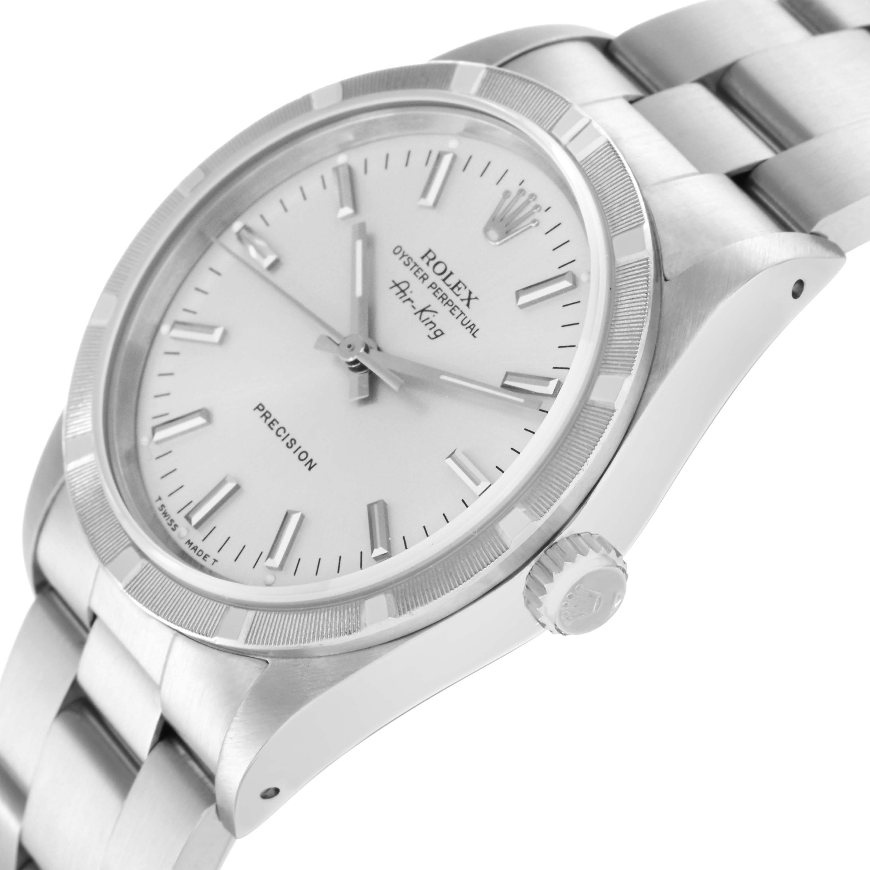 The Rolex Air-King 14010 Men's Stainless Steel Silver Dial 14010 Men's Stainless Steel Silver Dial watch is shown at a slight angle, highlighting the dial, bezel, crown, and bracelet.