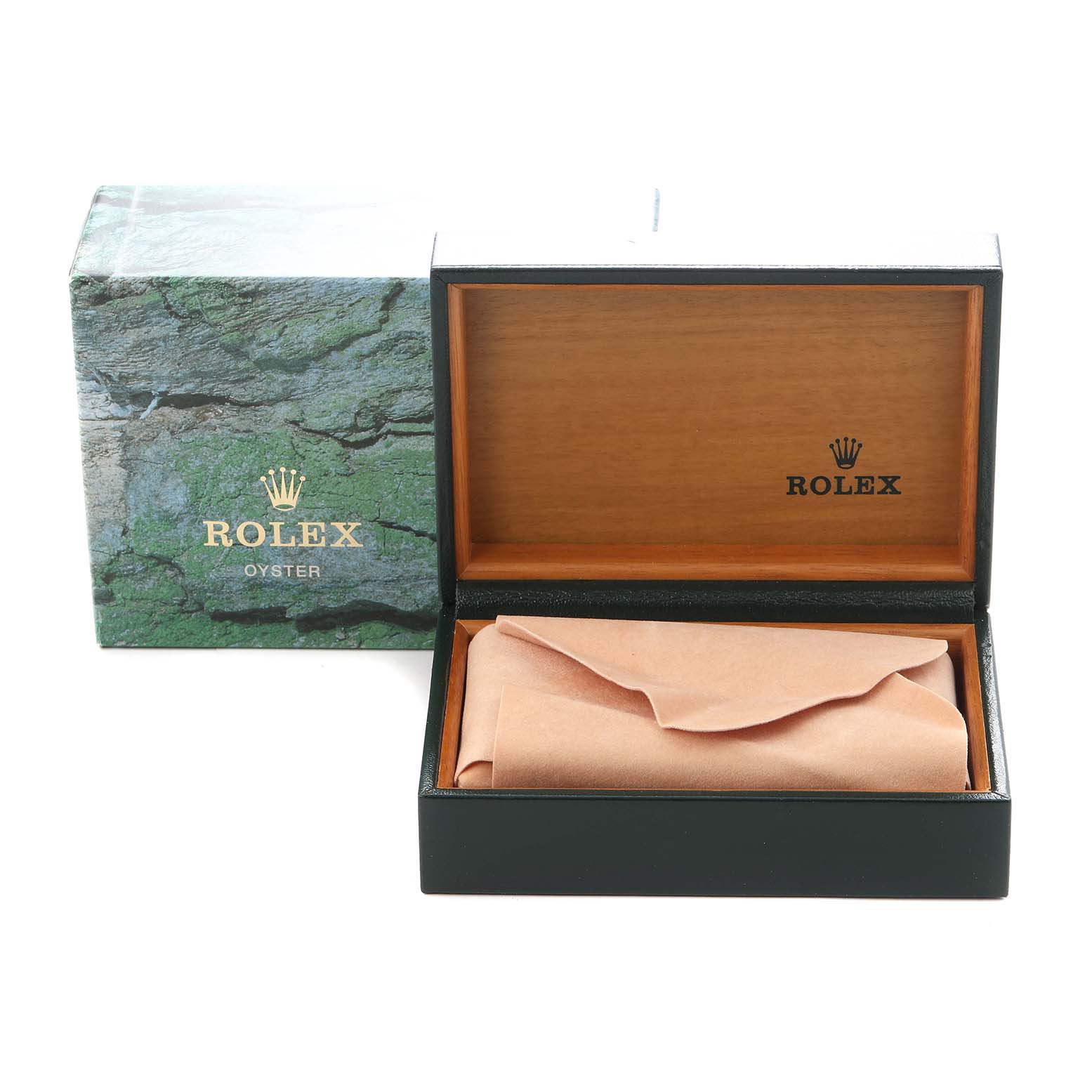 The image shows a Rolex Air-King 14010 Men's Stainless Steel Silver Dial 14010 Men's Stainless Steel Silver Dial watch box with an open wooden interior and protective fabric inside.