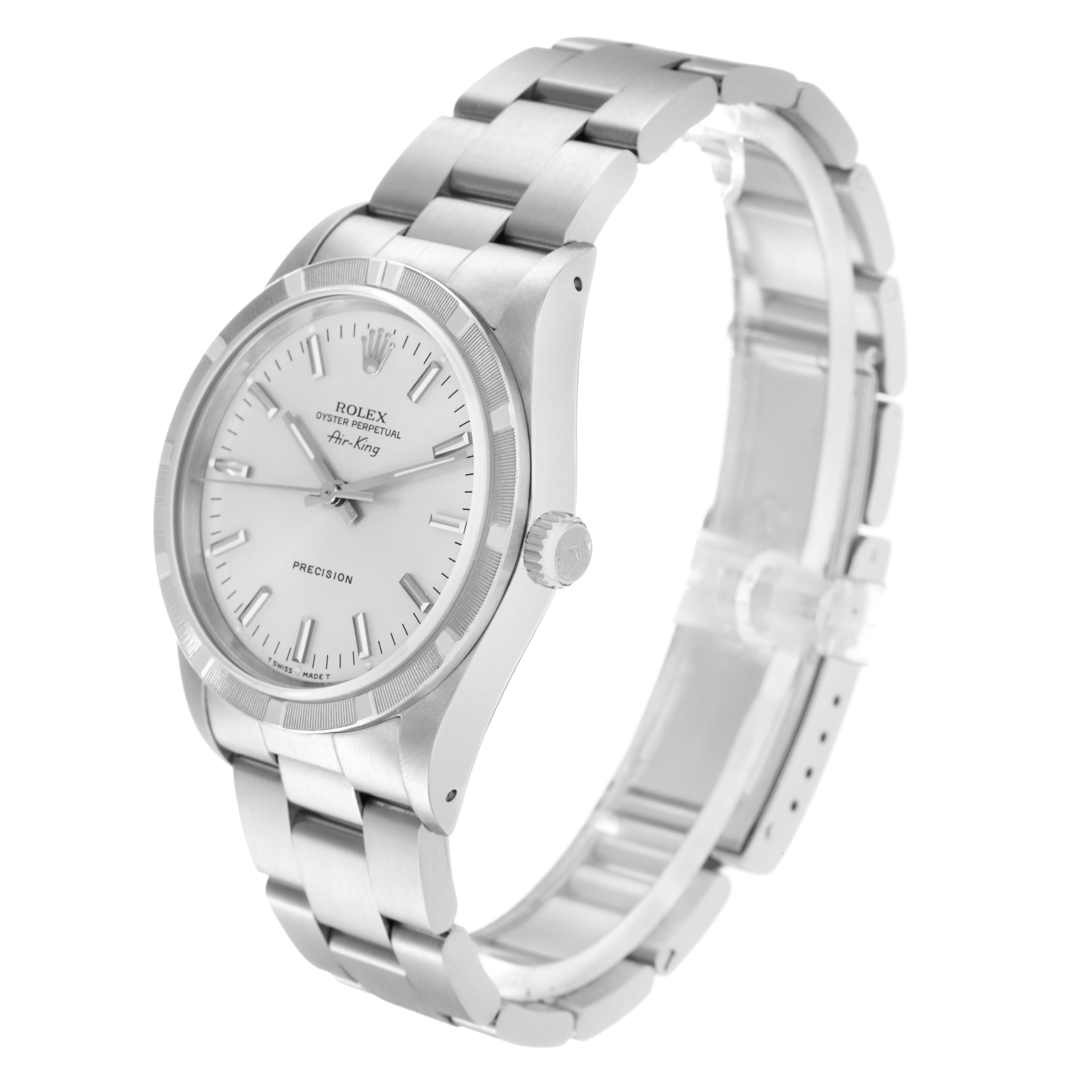 The Rolex Air-King 14010 Men's Stainless Steel Silver Dial 14010 Men's Stainless Steel Silver Dial watch is shown at a three-quarter angle, highlighting the face, bezel, and part of the bracelet.