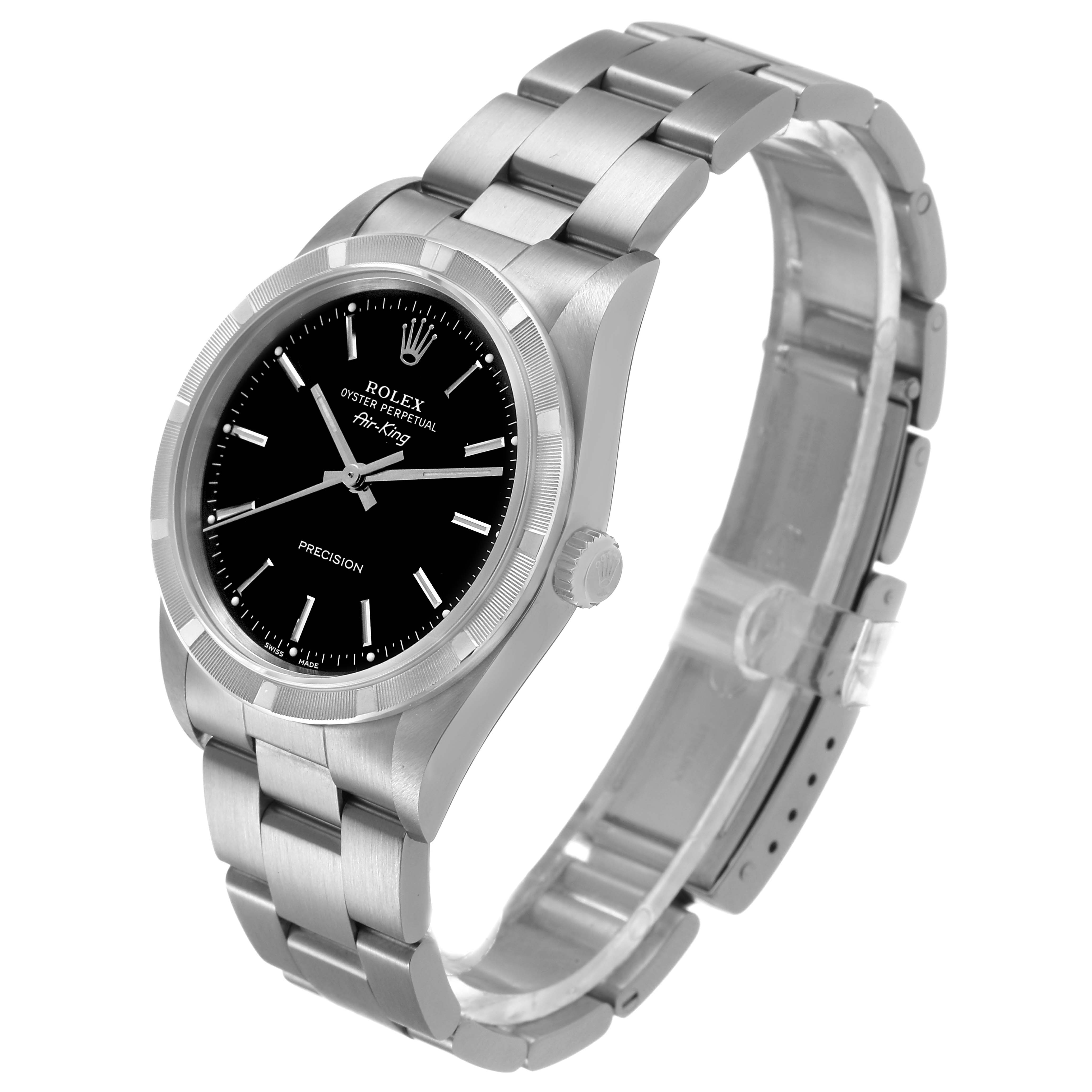 The Rolex Air-King 14010 Men's Stainless Steel Black Dial watch is shown at an angled side view, displaying the dial, bezel, bracelet, and crown.
