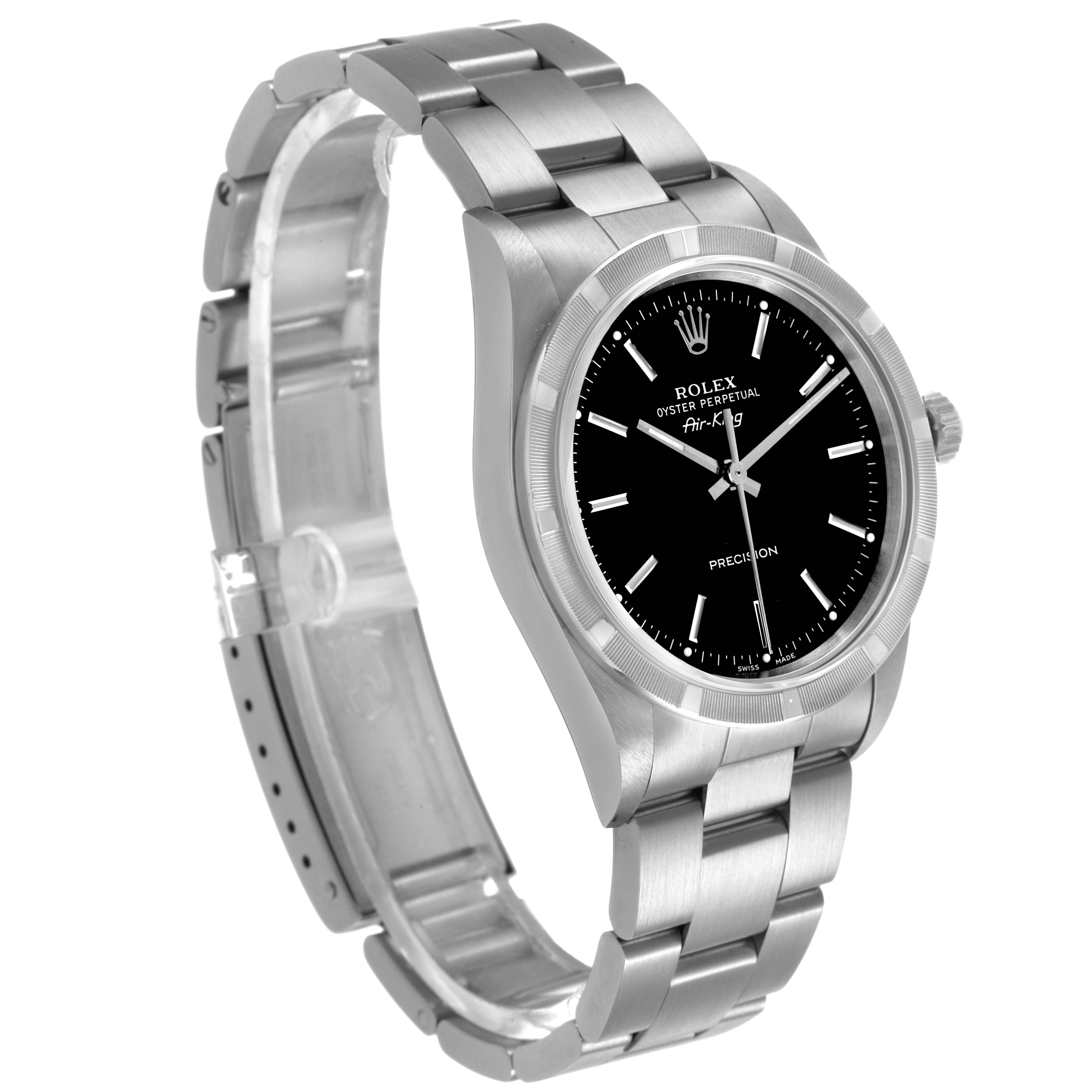 The Rolex Air-King 14010 Men's Stainless Steel Black Dial watch is shown at an angle highlighting its face, bezel, bracelet, and crown.