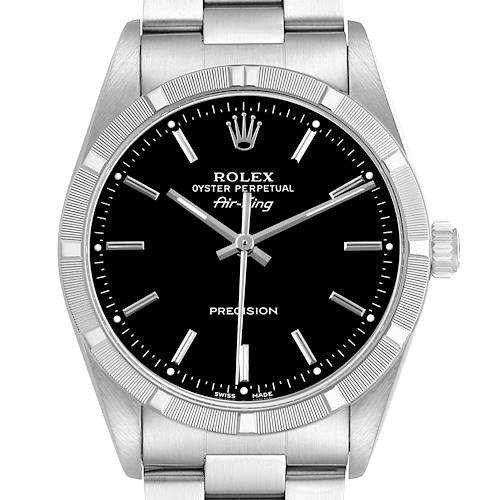 The image shows a front view of the Rolex Air-King 14010 Men's Stainless Steel Black Dial watch, highlighting its black dial, bezel, and bracelet.