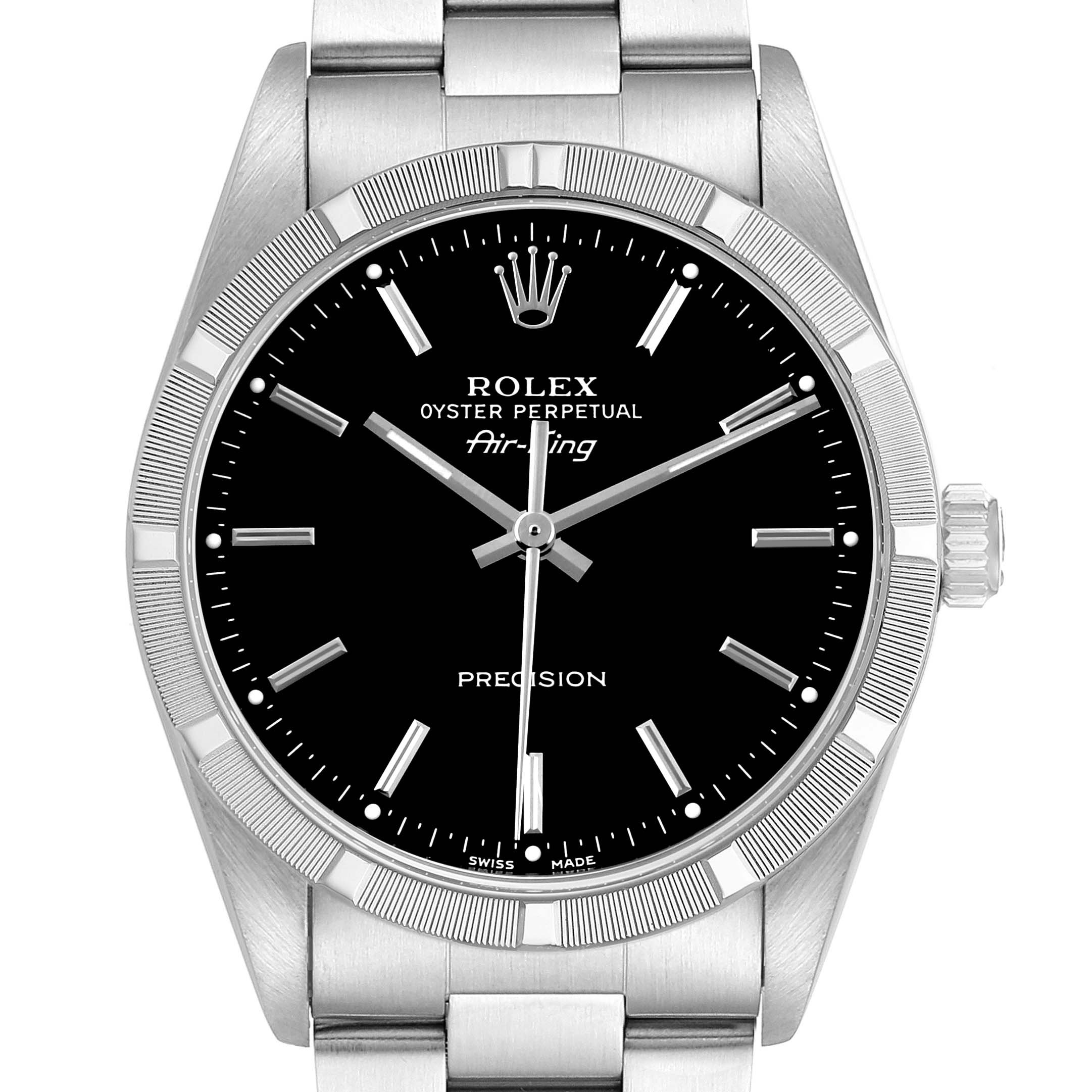 The image shows the Rolex Air-King 14010 Men's Stainless Steel Black Dial watch from the front, highlighting the dial, bezel, and bracelet.