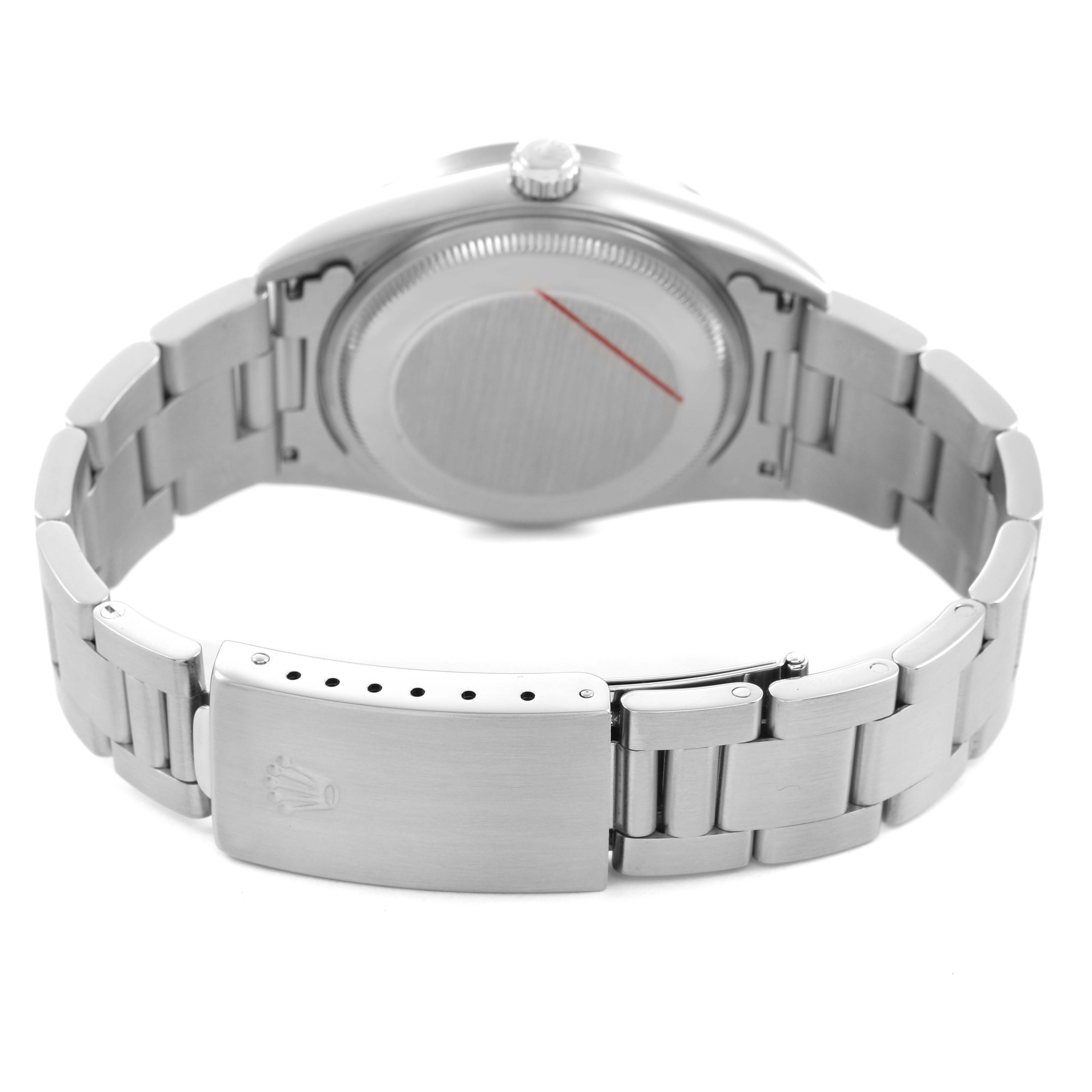 The image shows the back and bracelet clasp of a Rolex Air-King 14010 Men's Stainless Steel Black Dial watch, highlighting its stainless steel design.
