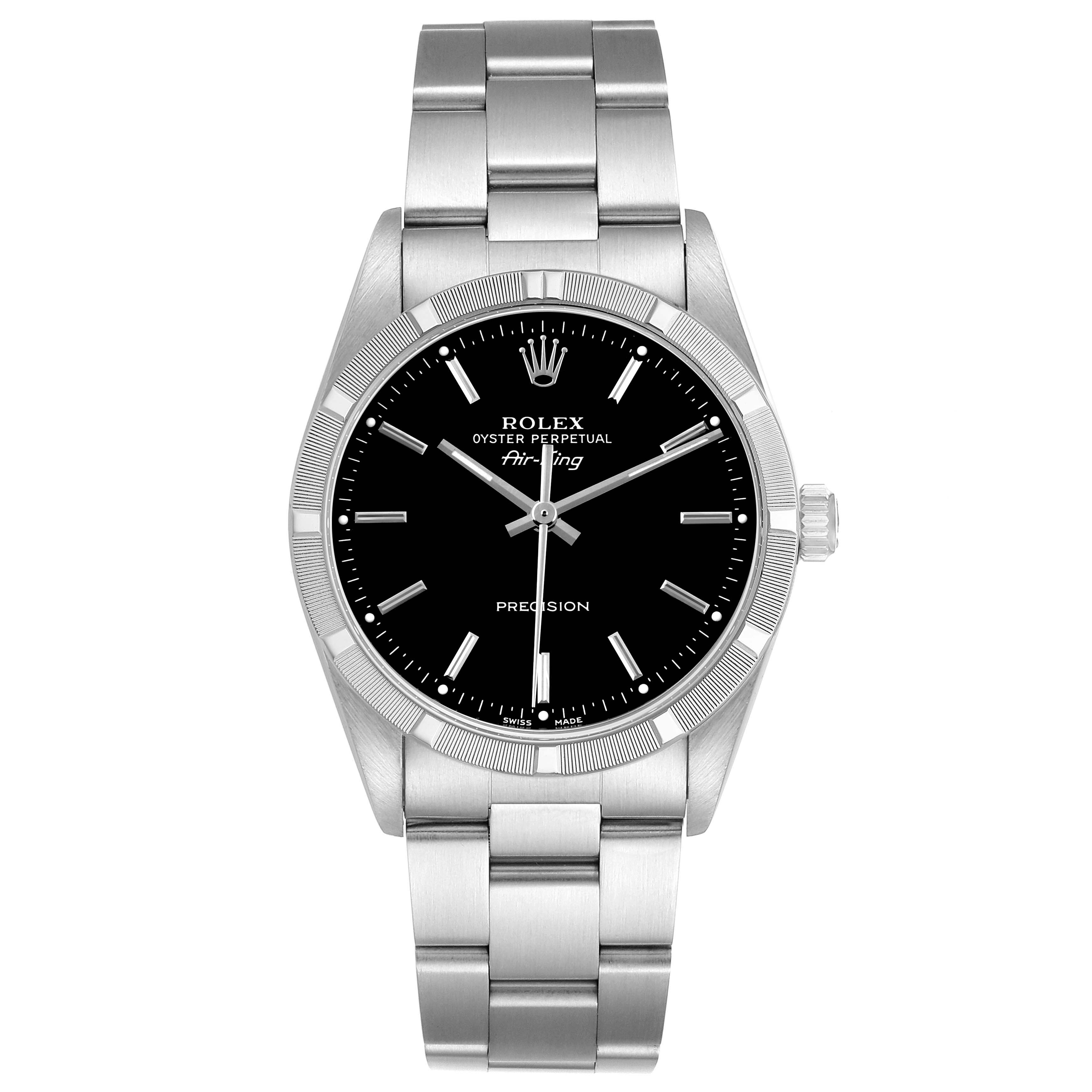 The Rolex Air-King 14010 Men's Stainless Steel Black Dial watch is shown from the front, displaying its black dial, stainless steel bracelet, and crown.
