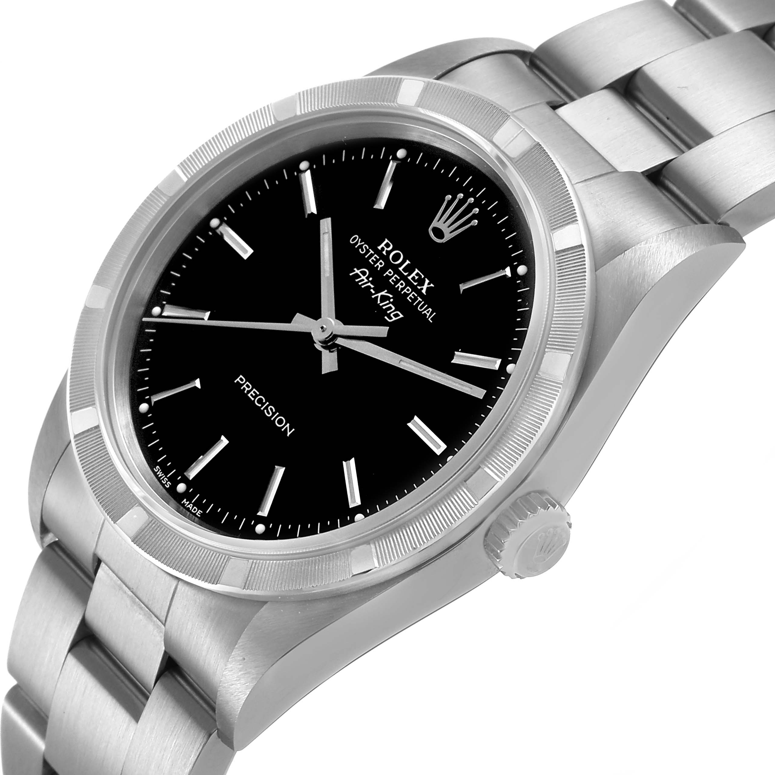 The Rolex Air-King 14010 Men's Stainless Steel Black Dial watch is shown at an angled view highlighting the black dial, bezel, case, and part of the bracelet.