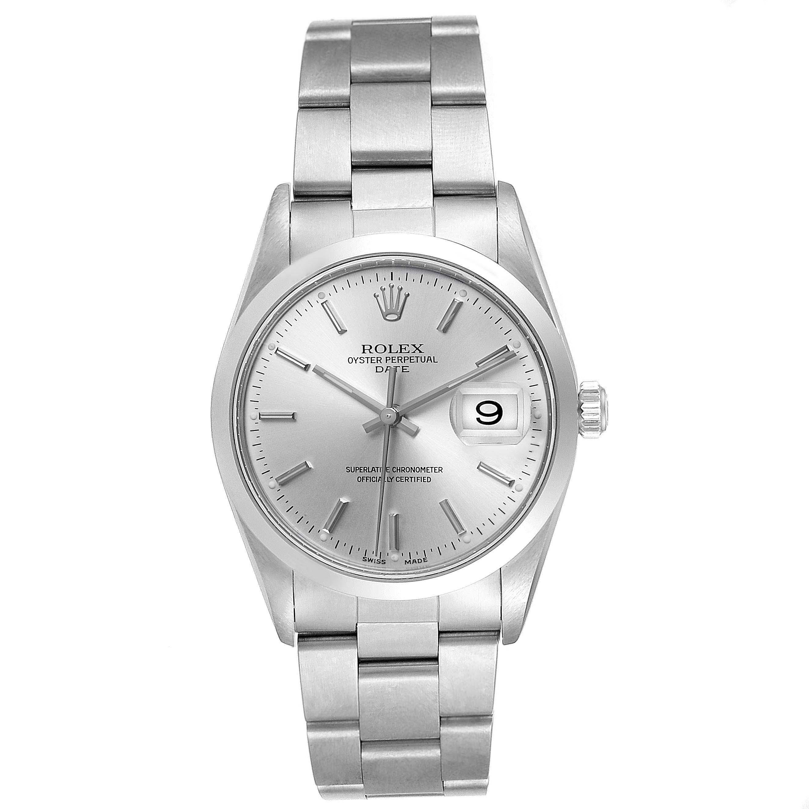 The image shows a Rolex Date 15200 Men's Stainless Steel Silver Dial 15200 Men's Stainless Steel Silver Dial model watch from a front view, displaying the dial, bezel, bracelet, and date window.