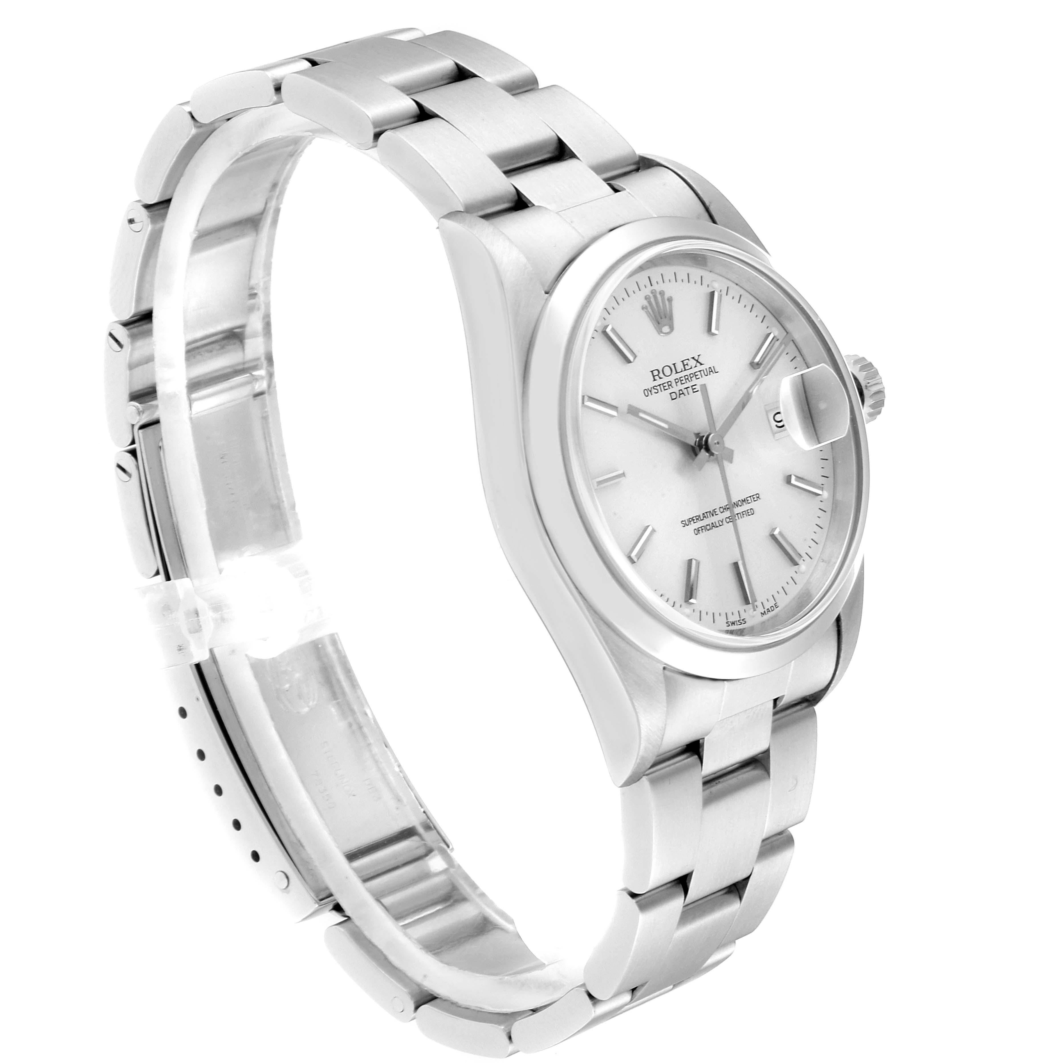 The image shows a side and front angle of a Rolex Date 15200 Men's Stainless Steel Silver Dial 15200 Men's Stainless Steel Silver Dial model watch, highlighting the bracelet and dial.