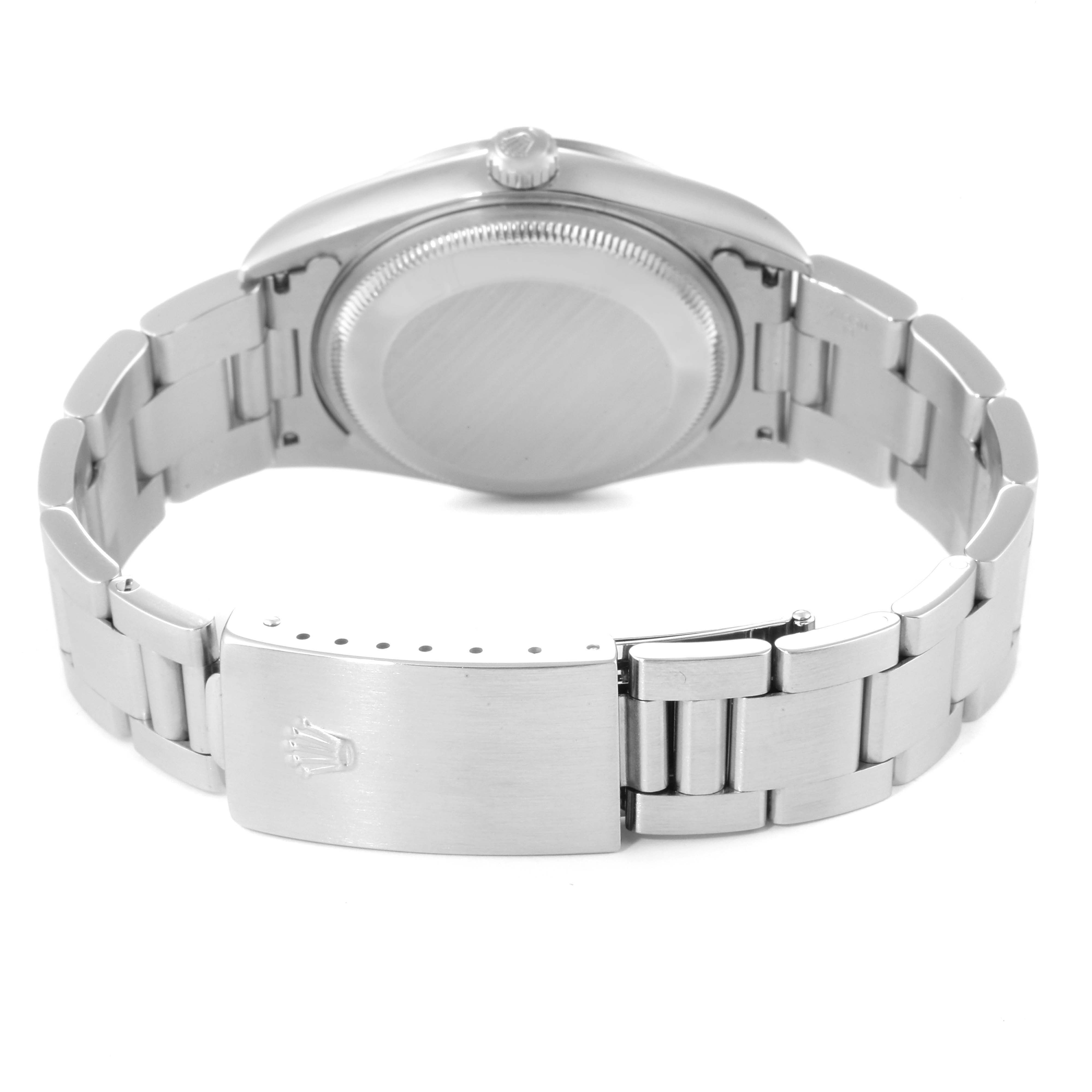 The image shows the rear view of a Rolex Date 15200 Men's Stainless Steel Silver Dial 15200 Men's Stainless Steel Silver Dial watch, highlighting the case back, bracelet, and clasp.