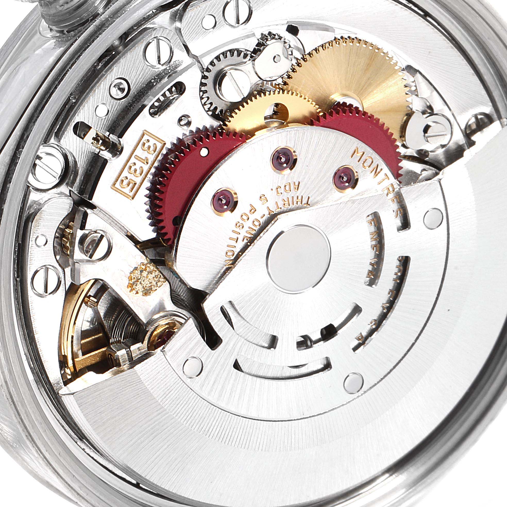 The image shows a close-up view of the movement mechanism of the Rolex Date 15200 Men's Stainless Steel Silver Dial 15200 Men's Stainless Steel Silver Dial model watch, focusing on the gears and rotor.