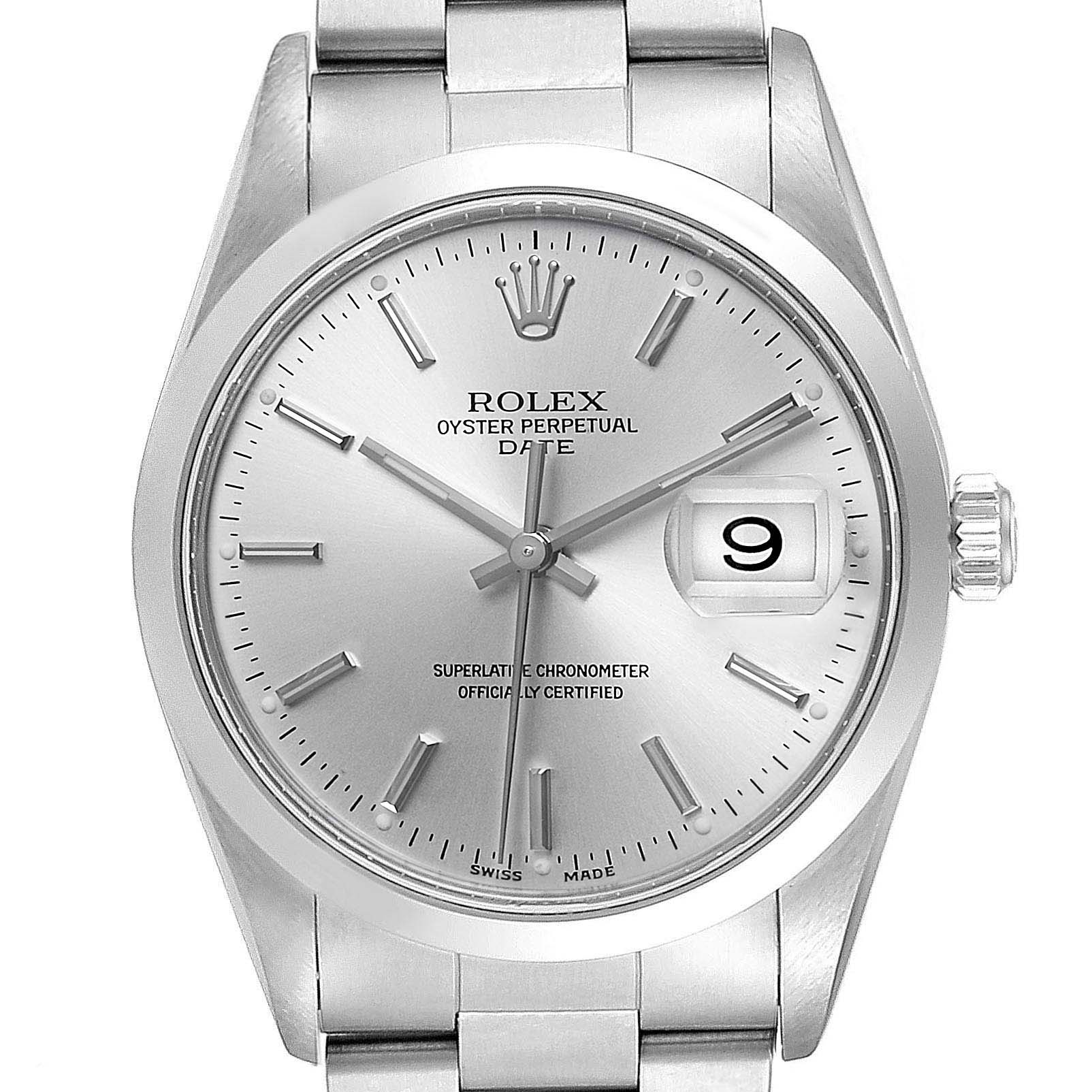 The image shows a front view of a Rolex Date 15200 Men's Stainless Steel Silver Dial 15200 Men's Stainless Steel Silver Dial model watch, highlighting its dial, hands, date window, and bracelet.