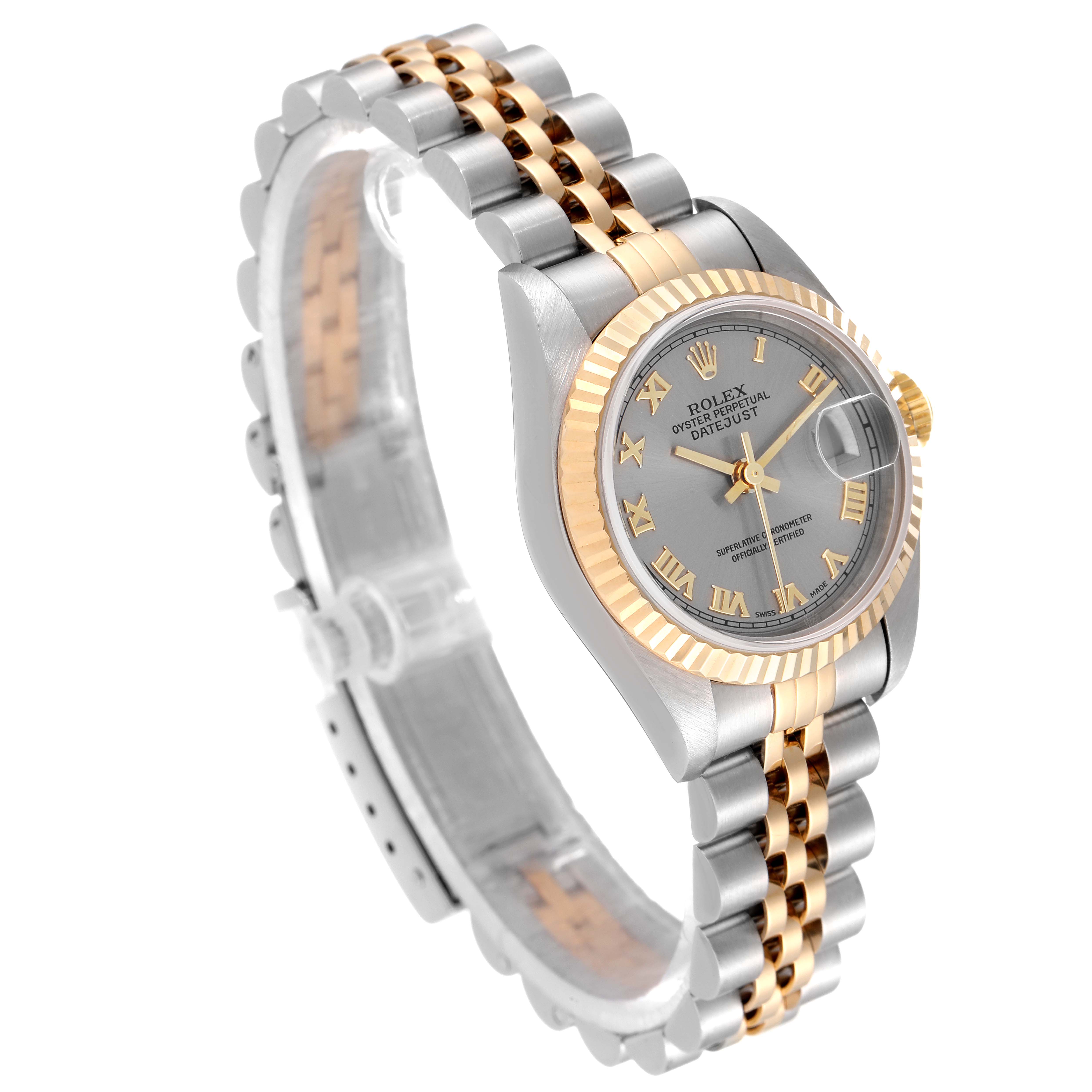 The Rolex Datejust 79173 Women's Steel and Gold (two tone) Grey Dial 79173 Women's Steel and Gold (two tone) Grey Dial watch is shown at a three-quarter angle, displaying the dial, bezel, and a portion of the bracelet.