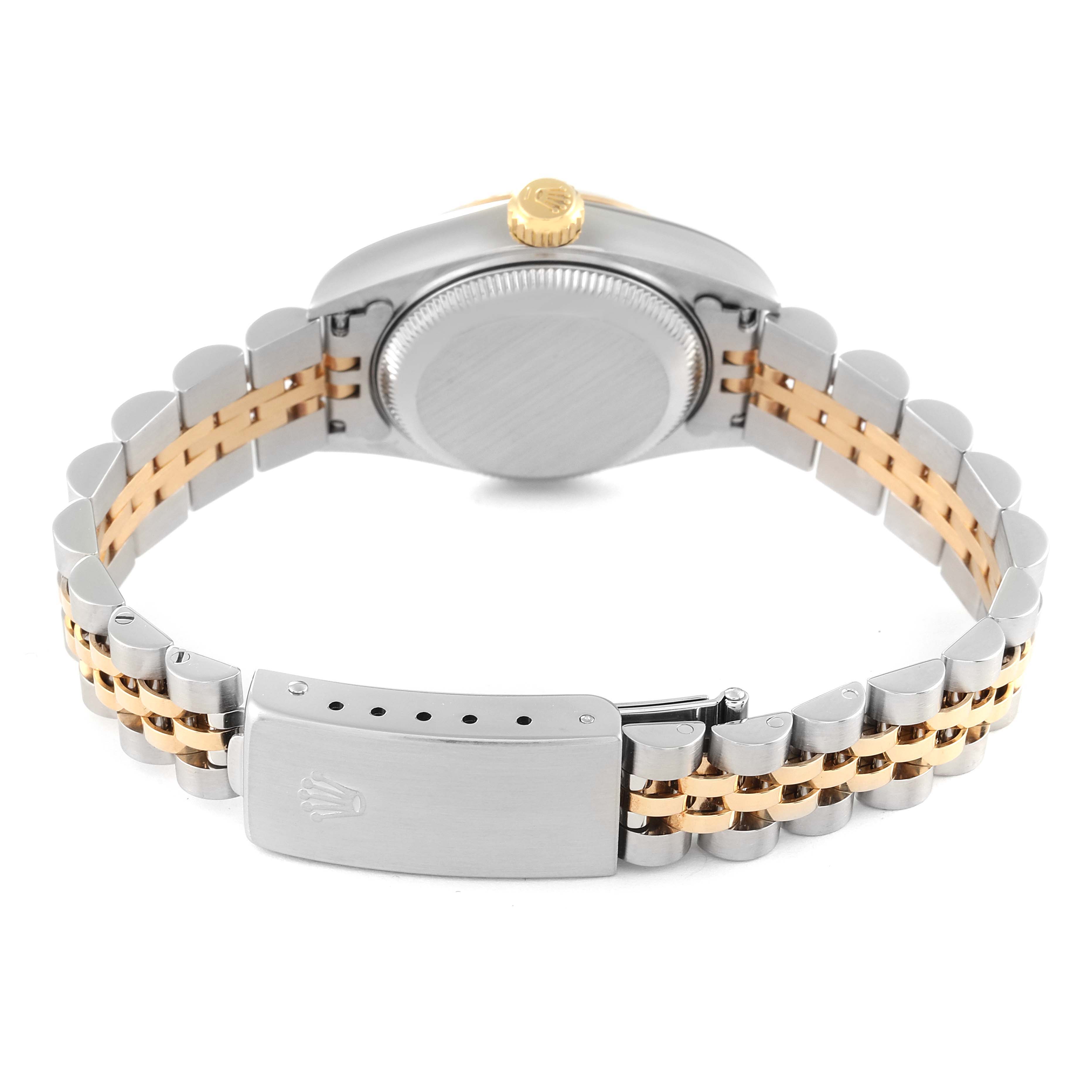 The image shows the back of the Rolex Datejust 79173 Women's Steel and Gold (two tone) Grey Dial 79173 Women's Steel and Gold (two tone) Grey Dial watch, including the case, crown, and two-tone bracelet with the clasp.