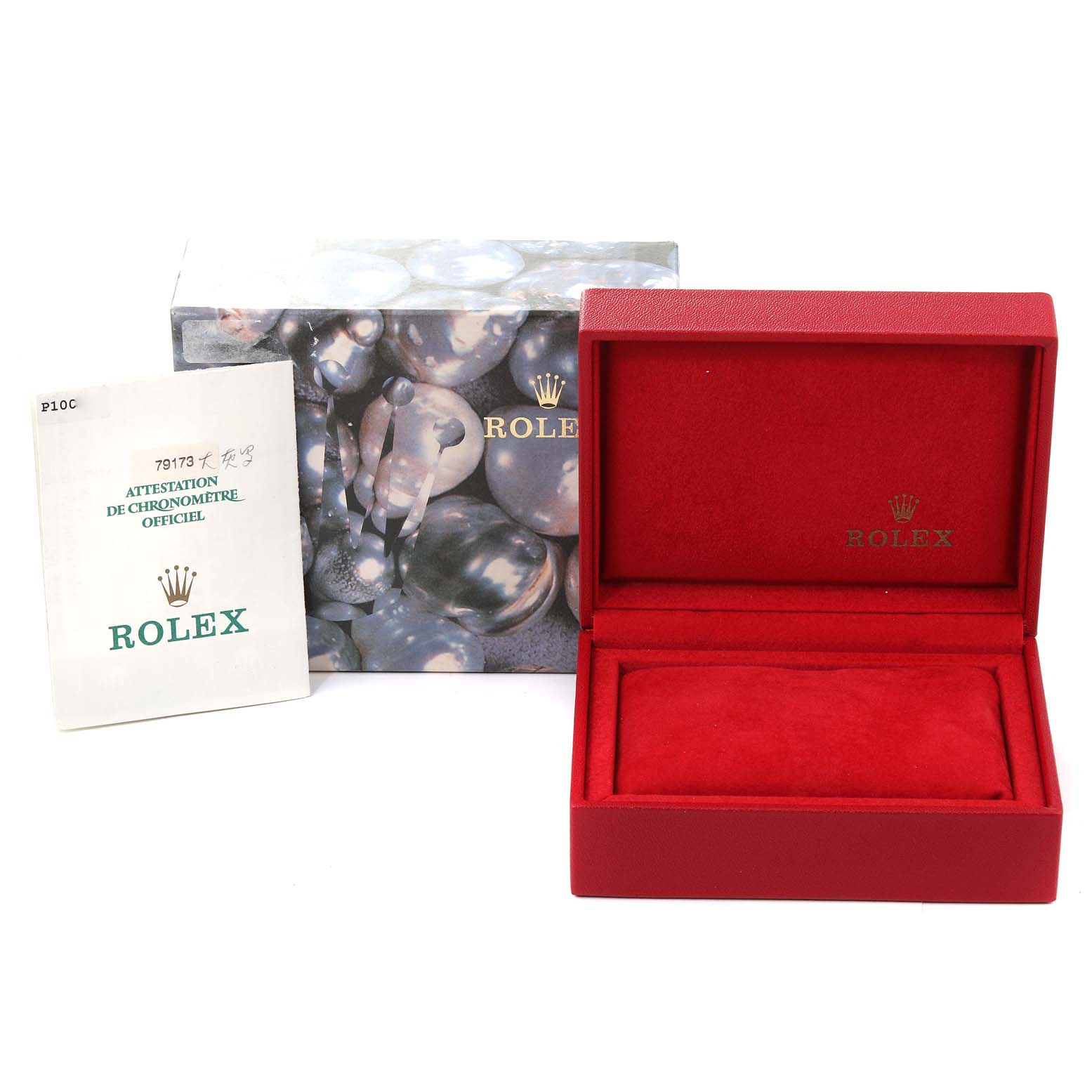 The image shows a Rolex Datejust 79173 Women's Steel and Gold (two tone) Grey Dial 79173 Women's Steel and Gold (two tone) Grey Dial watch box, booklet, and outer packaging from a front angle.