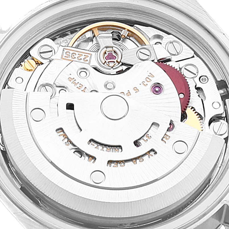 This image shows a close-up view of the movement inside a Rolex Datejust 79173 Women's Steel and Gold (two tone) Grey Dial 79173 Women's Steel and Gold (two tone) Grey Dial watch.