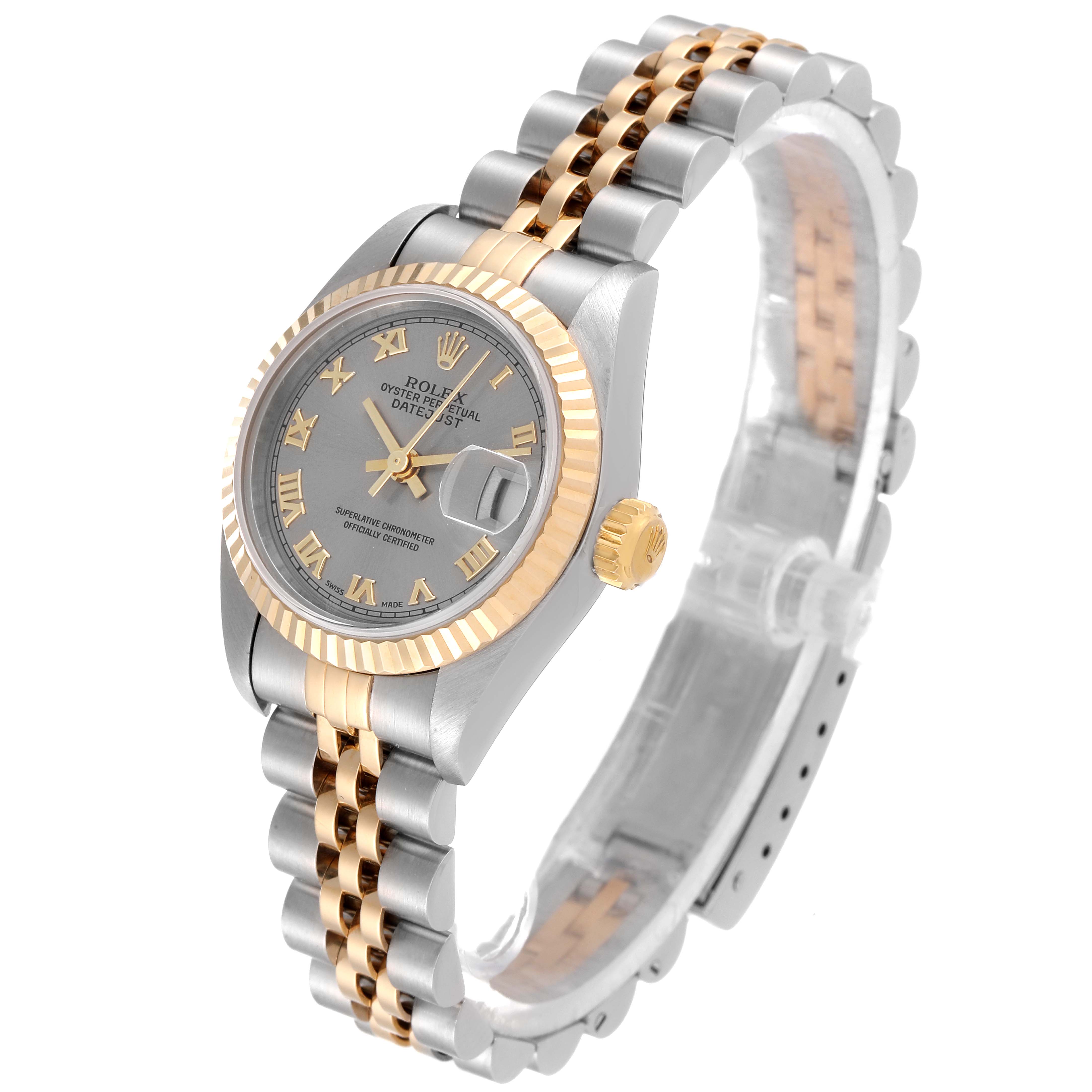 The image shows a Rolex Datejust 79173 Women's Steel and Gold (two tone) Grey Dial 79173 Women's Steel and Gold (two tone) Grey Dial watch at a slight angle, highlighting the dial, bezel, and Jubilee bracelet.