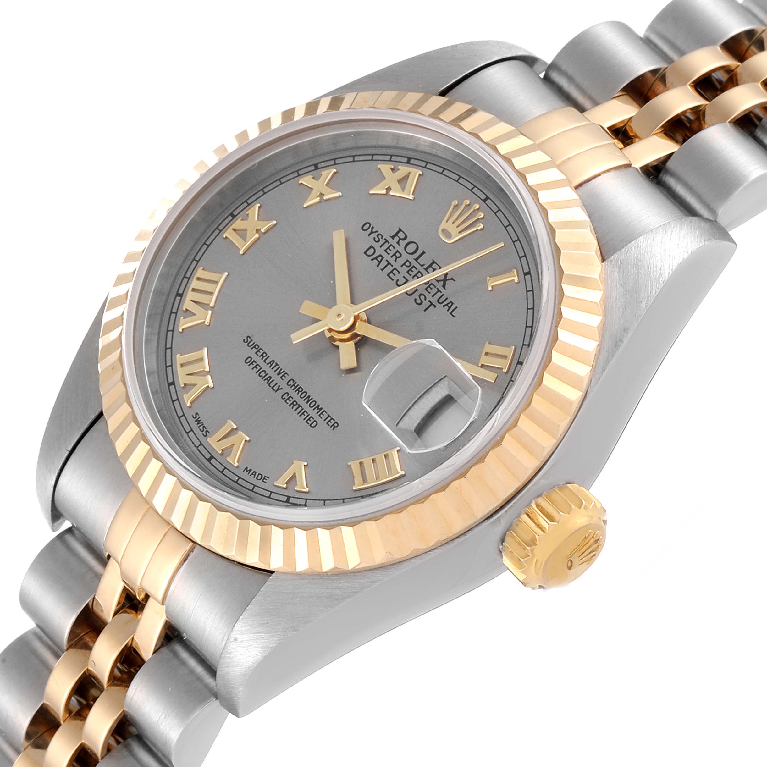The image shows a Rolex Datejust 79173 Women's Steel and Gold (two tone) Grey Dial 79173 Women's Steel and Gold (two tone) Grey Dial watch at a three-quarter angle, highlighting the dial, bezel, crown, and part of the bracelet.