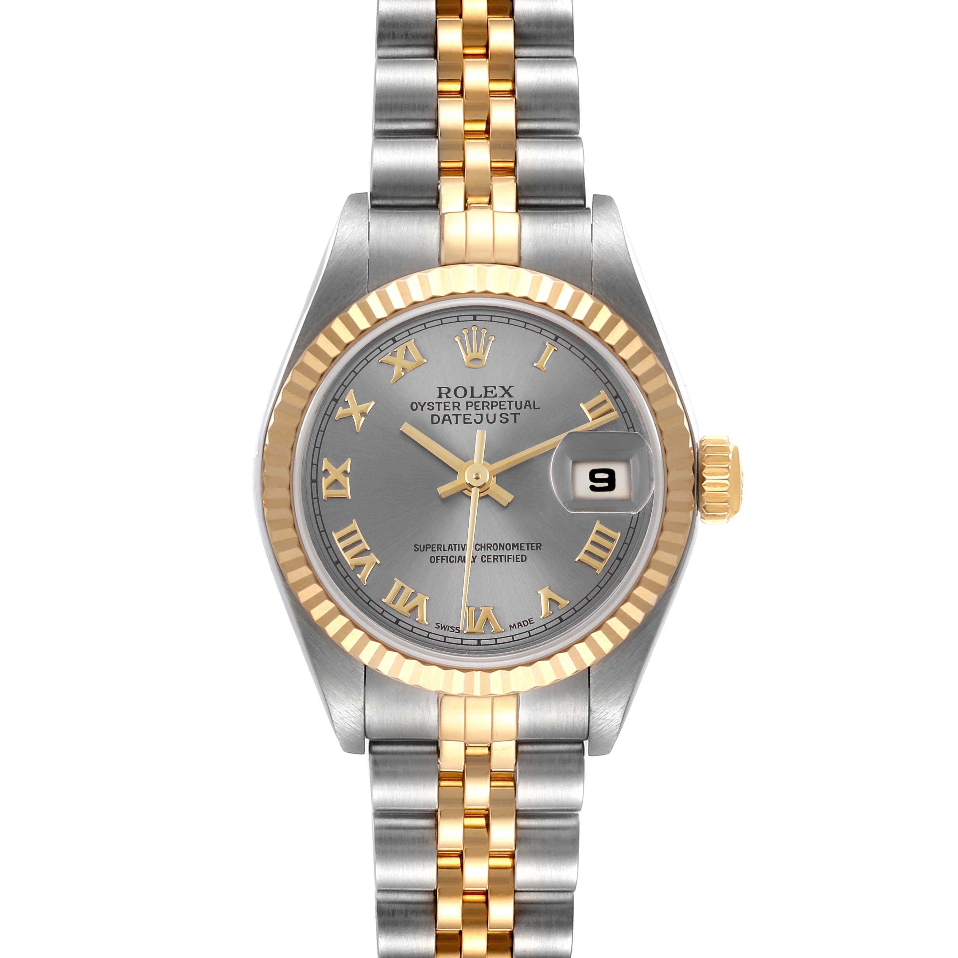 The image shows a front view of the Rolex Datejust 79173 Women's Steel and Gold (two tone) Grey Dial 79173 Women's Steel and Gold (two tone) Grey Dial watch, including the dial, bezel, case, crown, and bracelet.