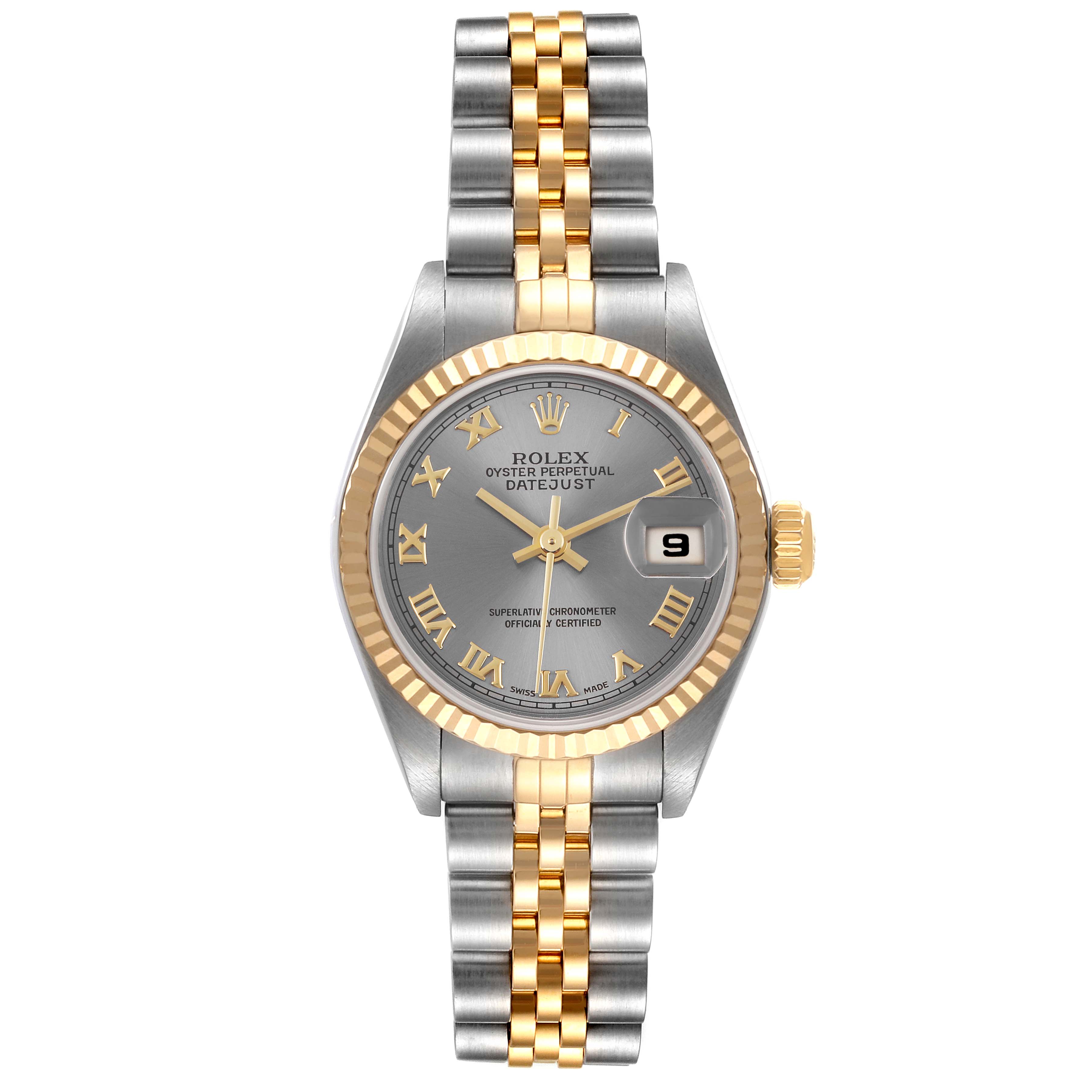 The image shows a front view of the Rolex Datejust 79173 Women's Steel and Gold (two tone) Grey Dial 79173 Women's Steel and Gold (two tone) Grey Dial, displaying the dial, bezel, bracelet, and date window.