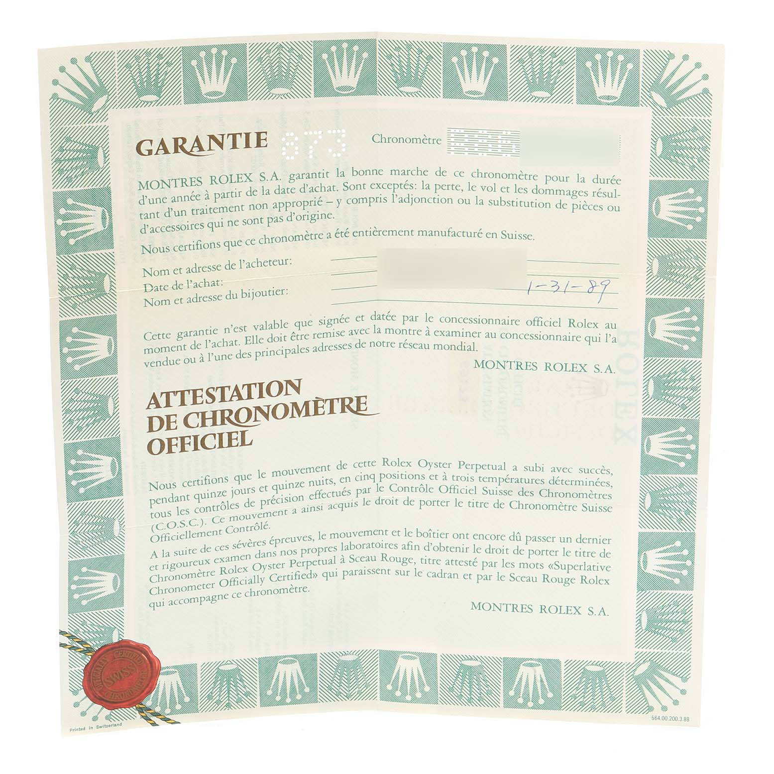 The image shows the warranty and official chronometer certification for a Rolex Datejust 69173 Women
s Steel and Gold (two tone) Champagne Dial 69173 Women
s Steel and Gold (two tone) Champagne Dial watch.