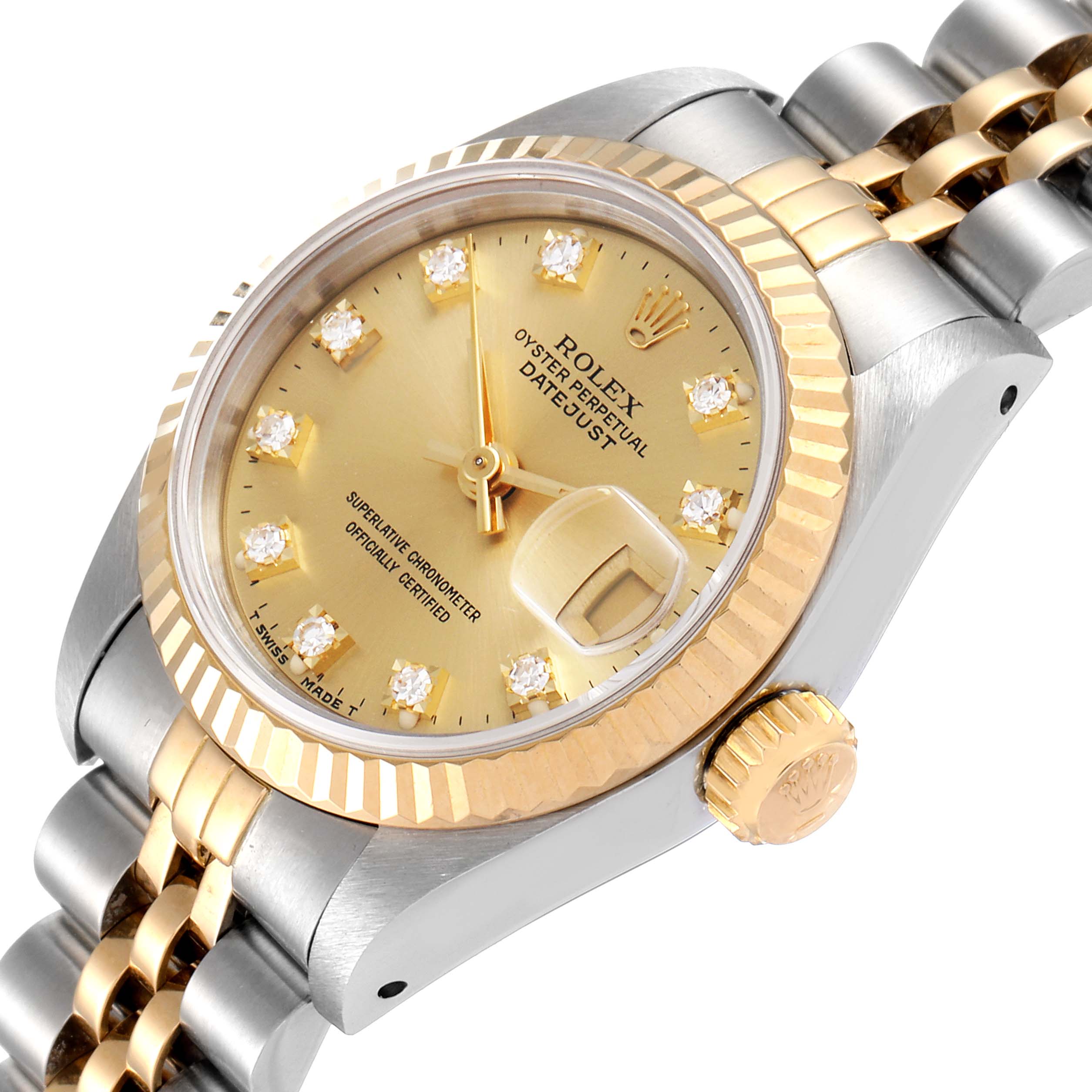 The image shows a close-up angled view of the dial, bezel, crown, and bracelet of a Rolex Datejust 69173 Women
s Steel and Gold (two tone) Champagne Dial 69173 Women
s Steel and Gold (two tone) Champagne Dial watch.