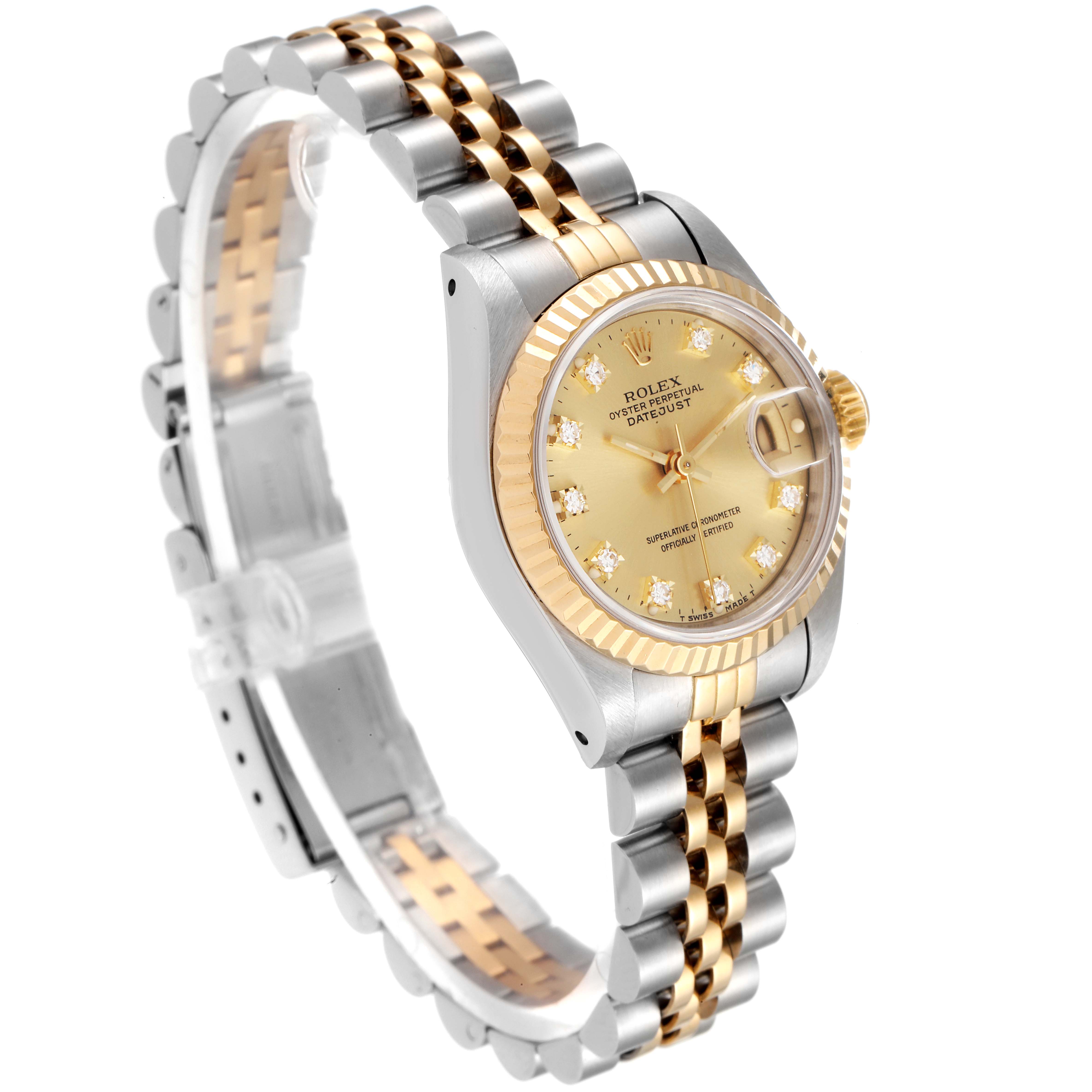 This image shows a Rolex Datejust 69173 Women
s Steel and Gold (two tone) Champagne Dial 69173 Women
s Steel and Gold (two tone) Champagne Dial watch from a front-left angle, highlighting its two-tone bracelet and gold dial.