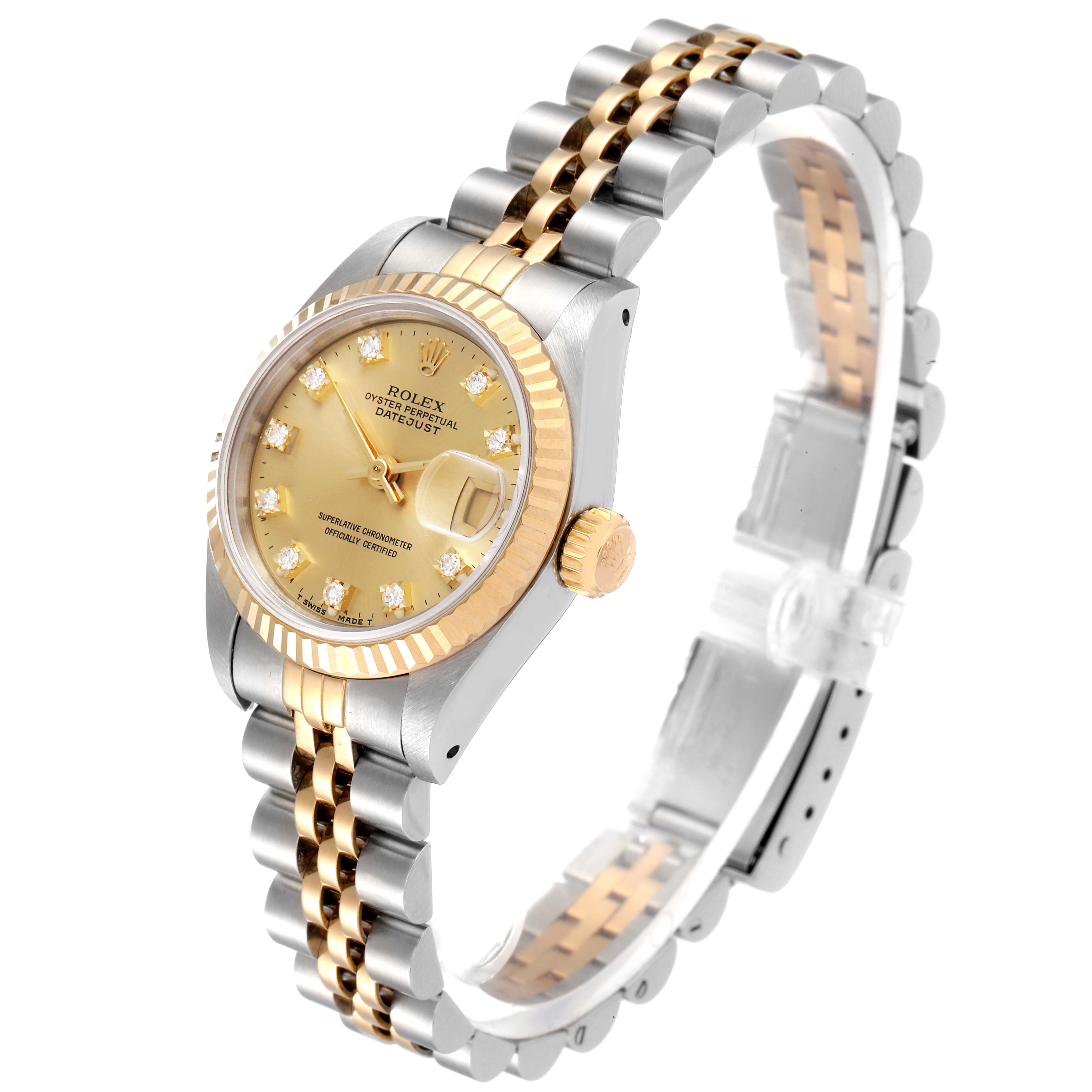 The Rolex Datejust 69173 Women
s Steel and Gold (two tone) Champagne Dial 69173 Women
s Steel and Gold (two tone) Champagne Dial watch is shown at a three-quarter angle, highlighting the face, bezel, crown, and two-tone bracelet.