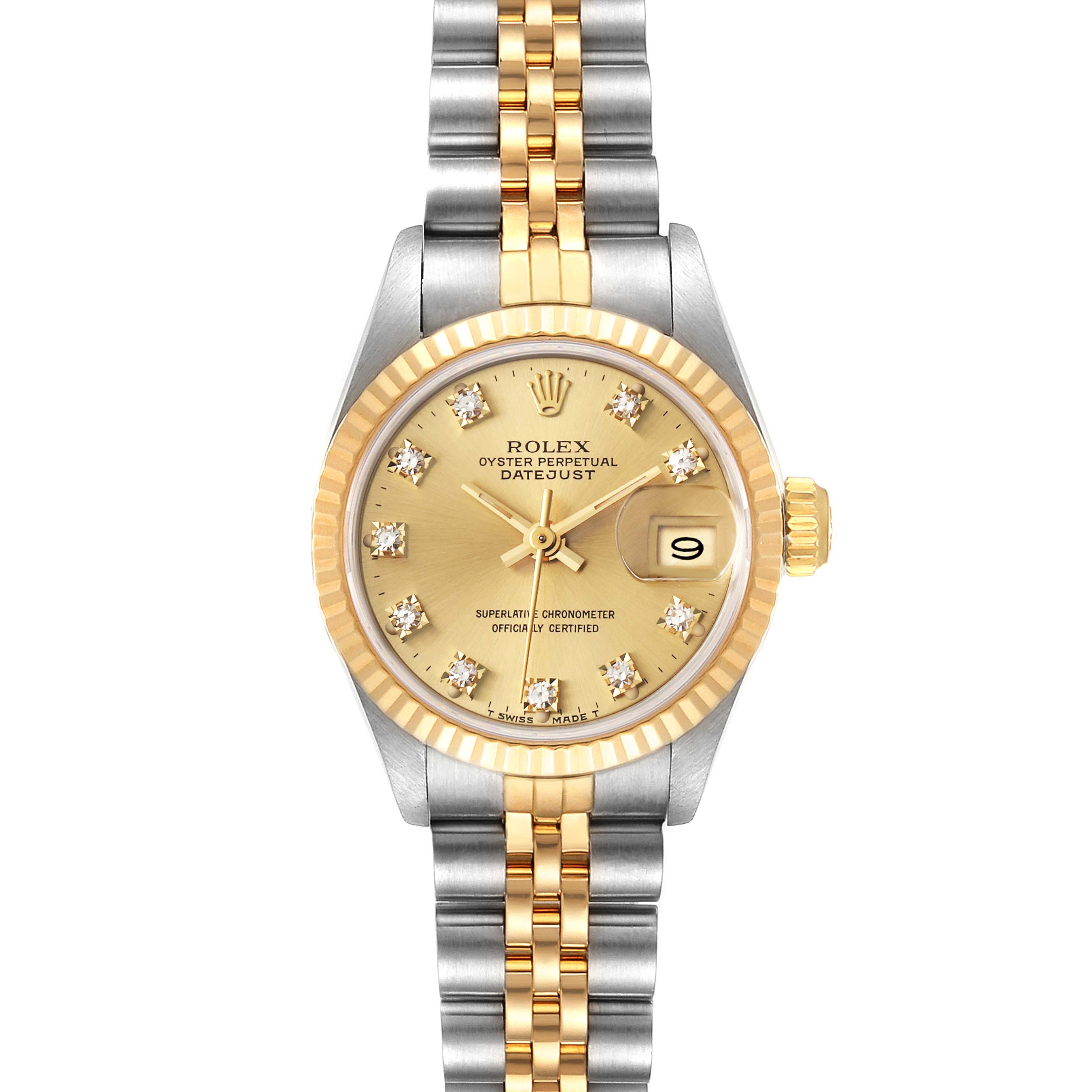This image shows a front view of a Rolex Datejust 69173 Women
s Steel and Gold (two tone) Champagne Dial 69173 Women
s Steel and Gold (two tone) Champagne Dial watch, displaying its face, bracelet, and crown.