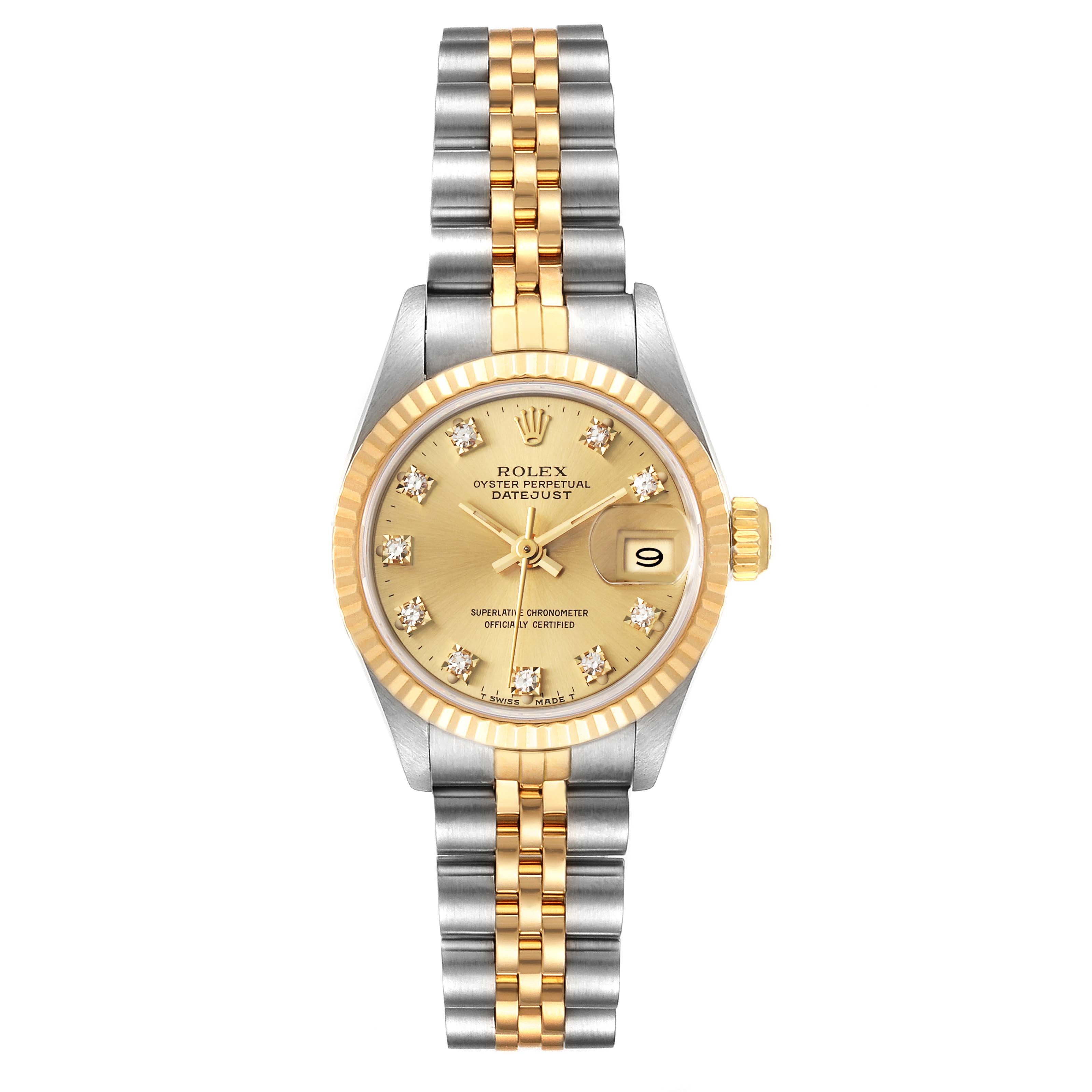 The image shows a front view of a Rolex Datejust 69173 Women
s Steel and Gold (two tone) Champagne Dial 69173 Women
s Steel and Gold (two tone) Champagne Dial watch with a gold dial, diamond hour markers, two-tone bracelet, and date display.