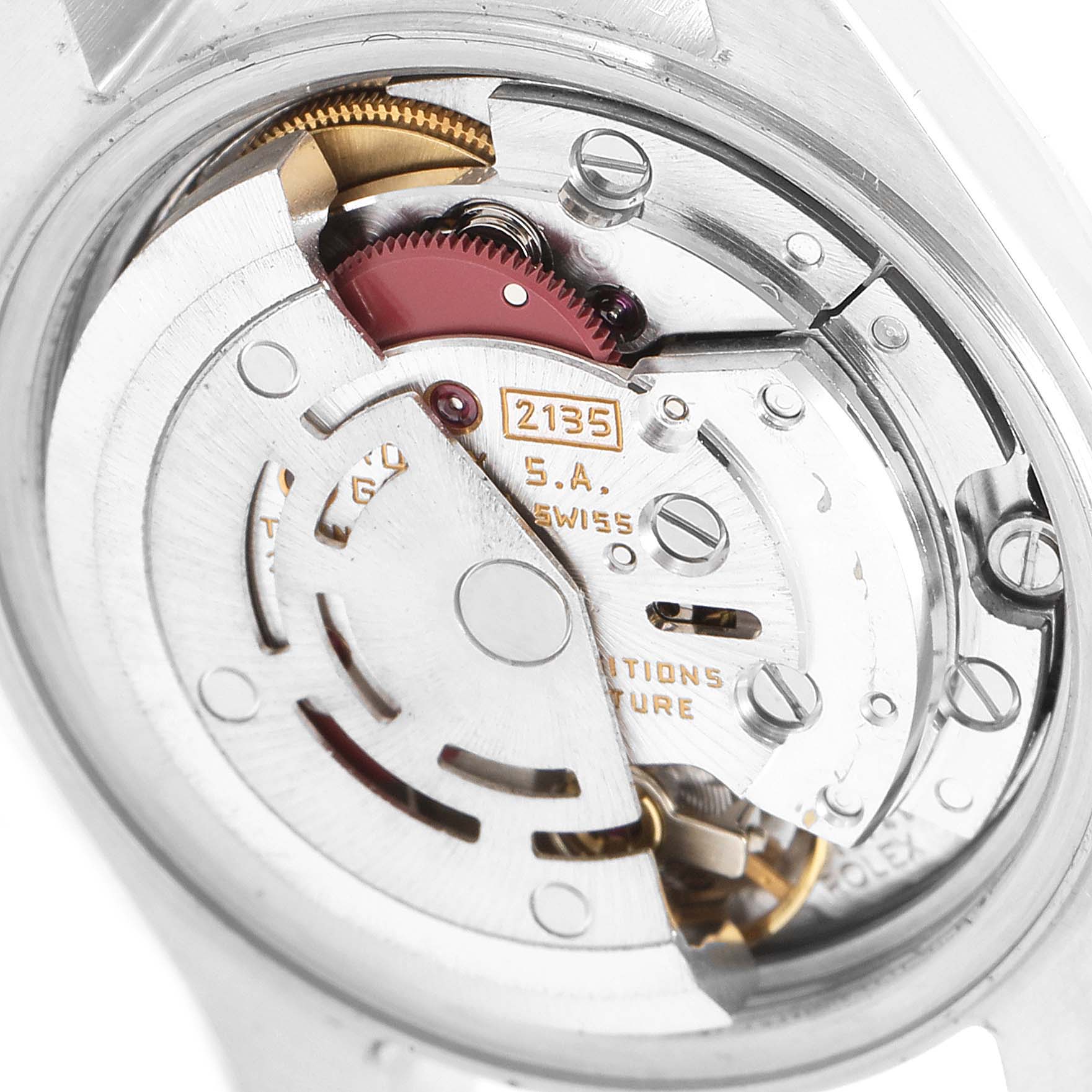 This image shows a close-up of the movement and internal mechanism of a Rolex Datejust 69173 Women
s Steel and Gold (two tone) Champagne Dial 69173 Women
s Steel and Gold (two tone) Champagne Dial watch.