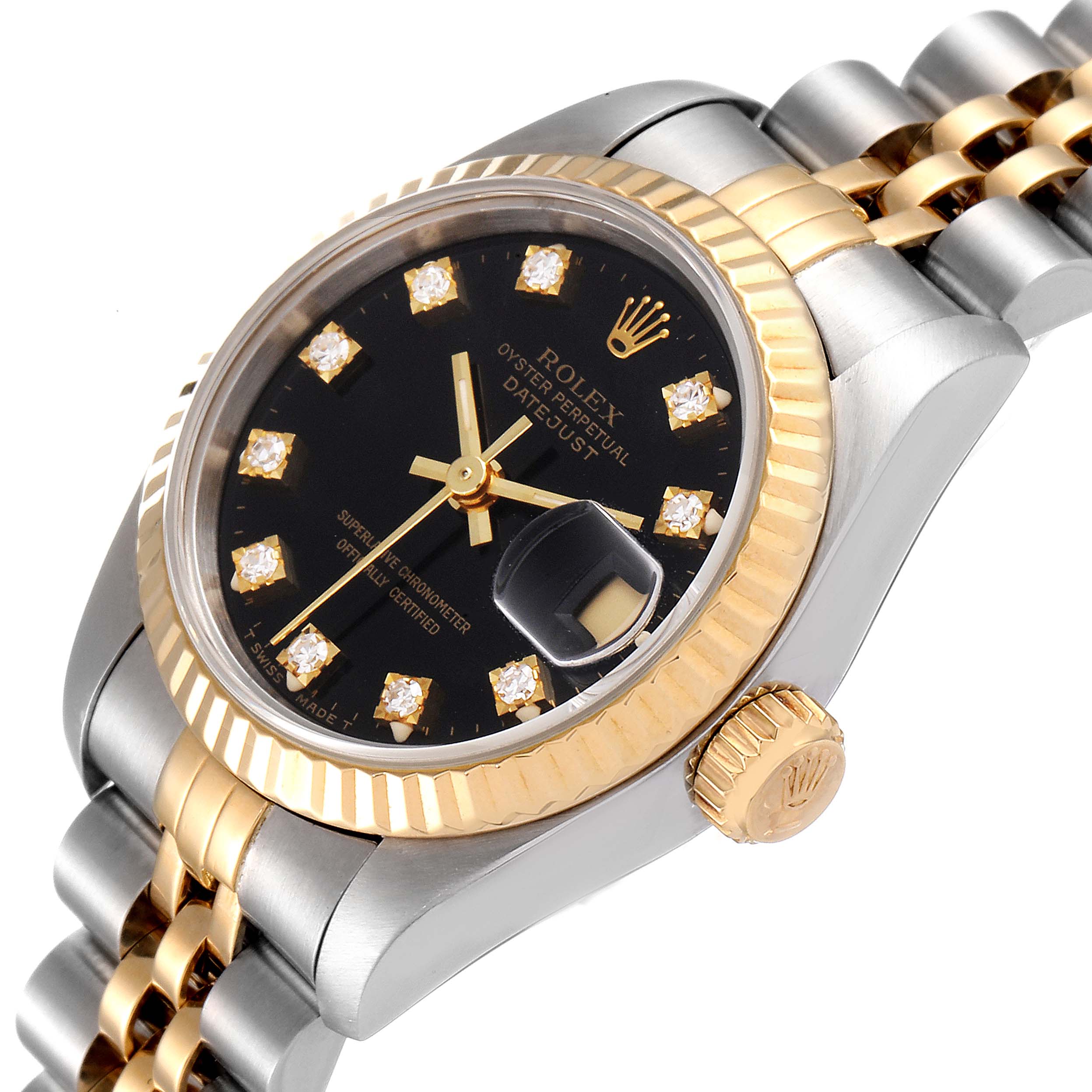 This image shows a Rolex Datejust 69173 Women's Steel and Gold (two tone) Black Dial 69173 Women's Steel and Gold (two tone) Black Dial watch at an angled close-up, displaying the dial, bezel, crown, and part of the bracelet.