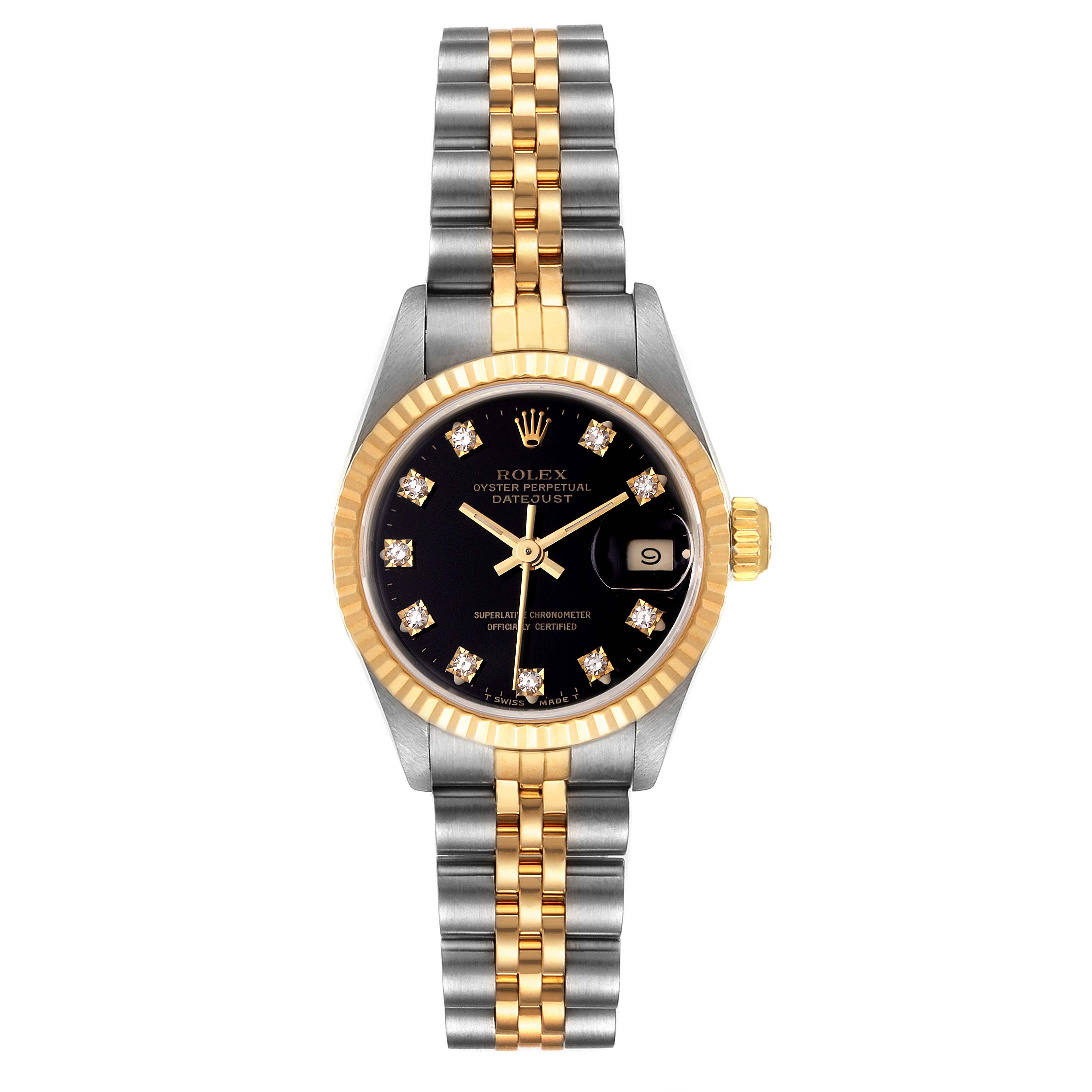 The image shows a front view of a Rolex Datejust 69173 Women's Steel and Gold (two tone) Black Dial 69173 Women's Steel and Gold (two tone) Black Dial watch, featuring a gold and silver bracelet and a black dial with diamond markers.