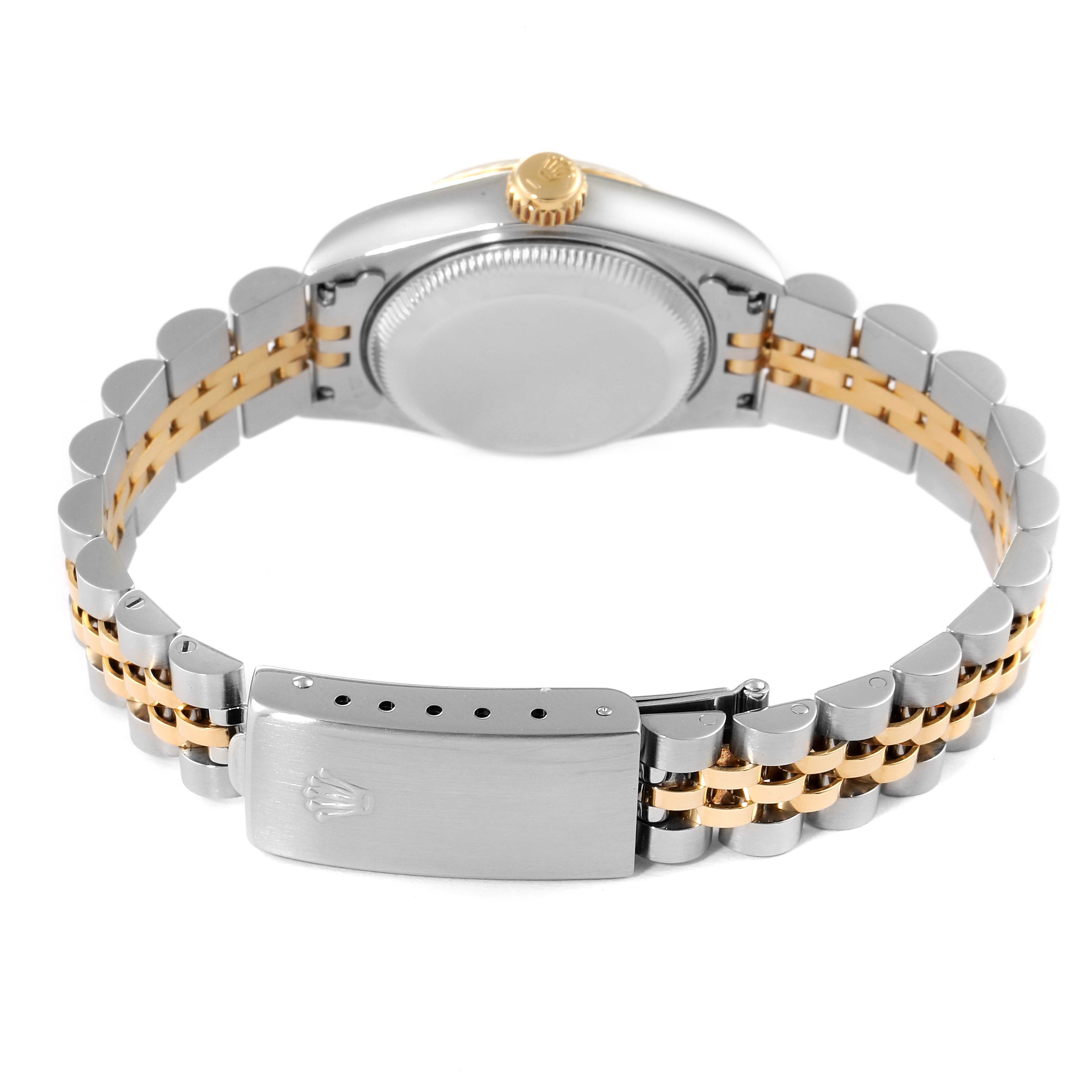 This image shows the back of the Rolex Datejust 69173 Women's Steel and Gold (two tone) Black Dial 69173 Women's Steel and Gold (two tone) Black Dial watch, featuring its case, crown, and two-tone metal bracelet clasp.