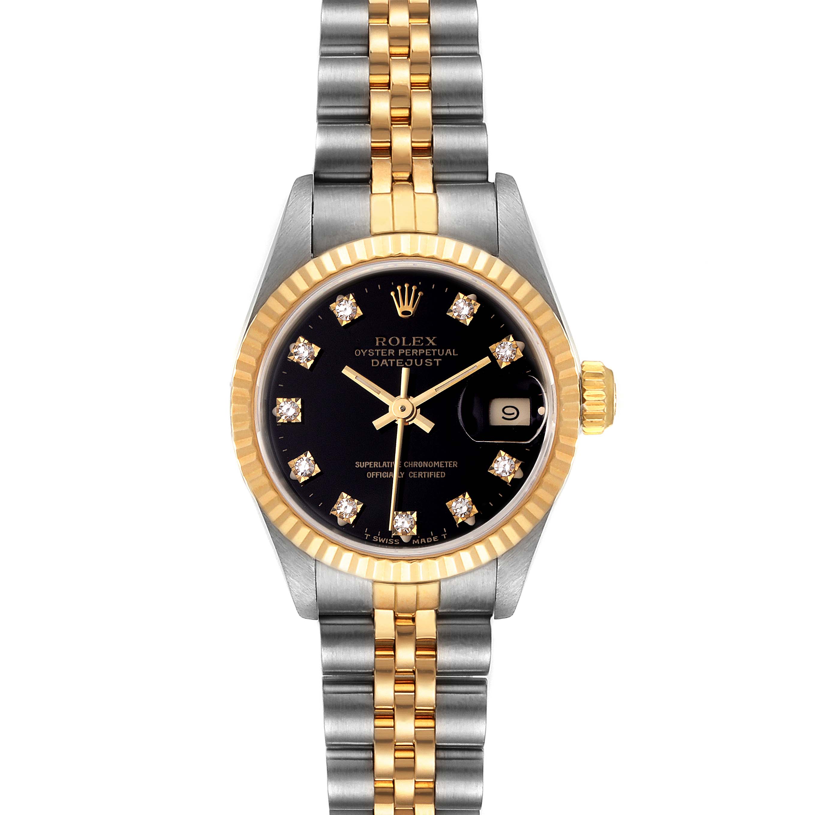 The Rolex Datejust 69173 Women's Steel and Gold (two tone) Black Dial 69173 Women's Steel and Gold (two tone) Black Dial watch is shown from a front angle, displaying the dial, bezel, and two-tone bracelet.