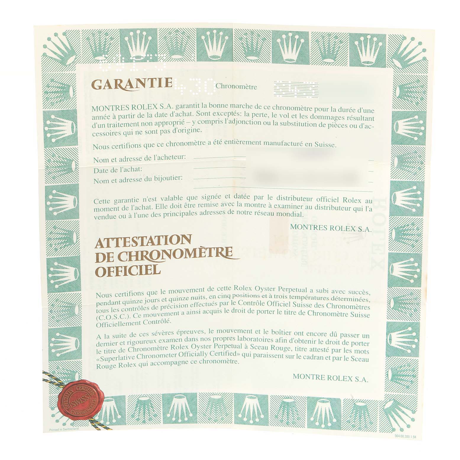 The image shows the official guarantee and chronometer certification document for a Rolex Datejust 69173 Women's Steel and Gold (two tone) Black Dial 69173 Women's Steel and Gold (two tone) Black Dial watch.