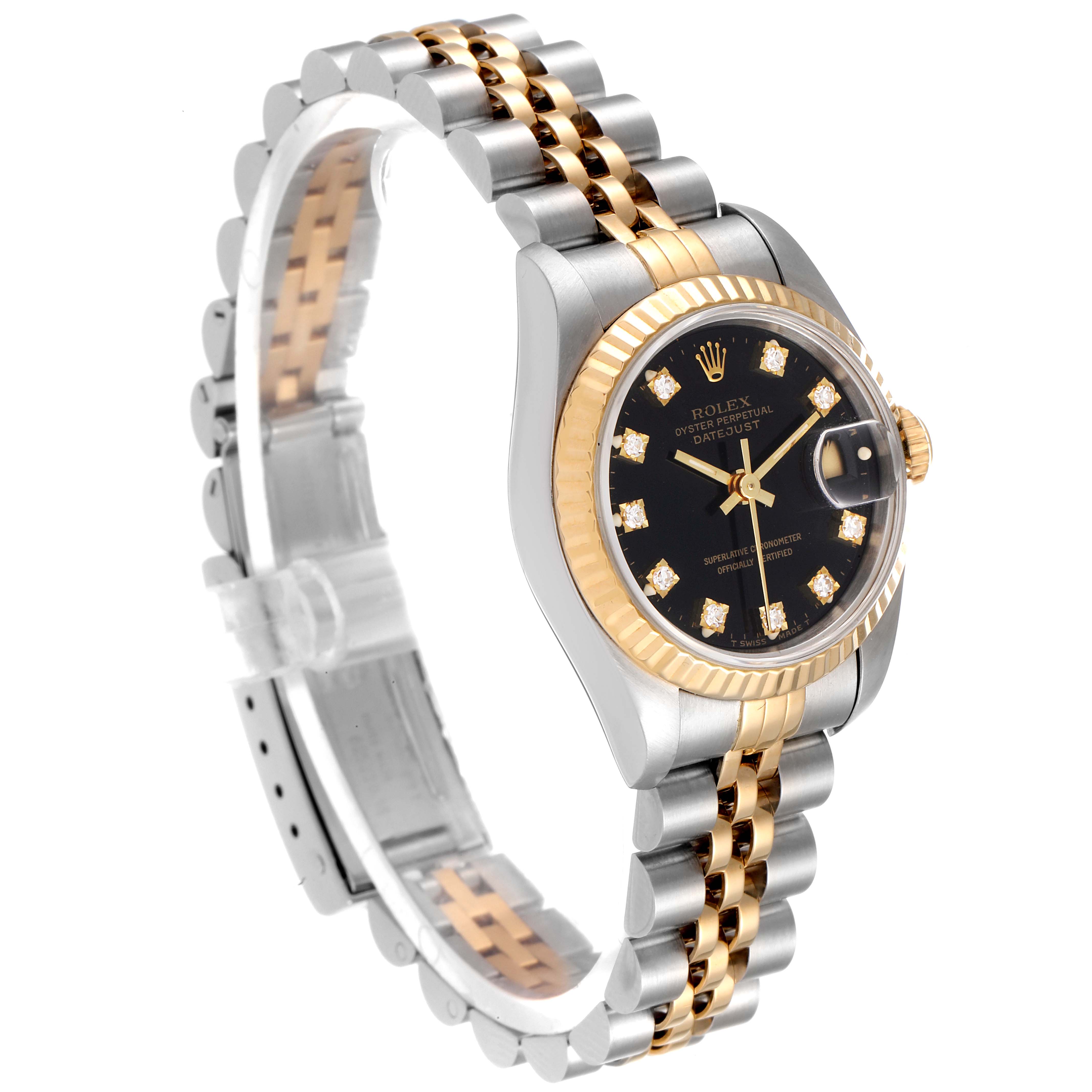 This image shows a side angle view of a Rolex Datejust 69173 Women's Steel and Gold (two tone) Black Dial 69173 Women's Steel and Gold (two tone) Black Dial watch, featuring its two-tone bracelet and diamond-accented black dial.