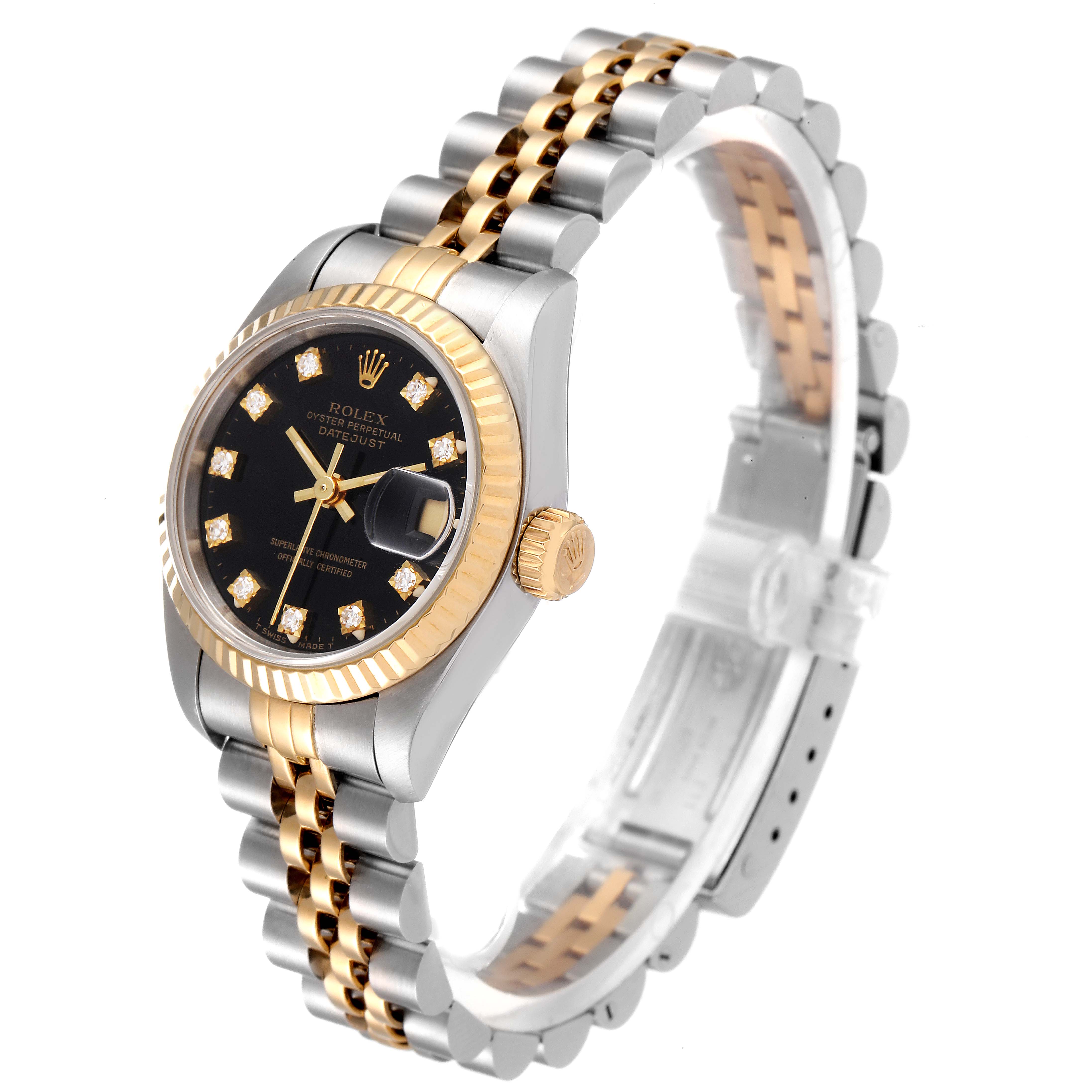 The image shows a side angle of a Rolex Datejust 69173 Women's Steel and Gold (two tone) Black Dial 69173 Women's Steel and Gold (two tone) Black Dial watch, highlighting its two-tone bracelet, black dial with diamond markers, and gold bezel.