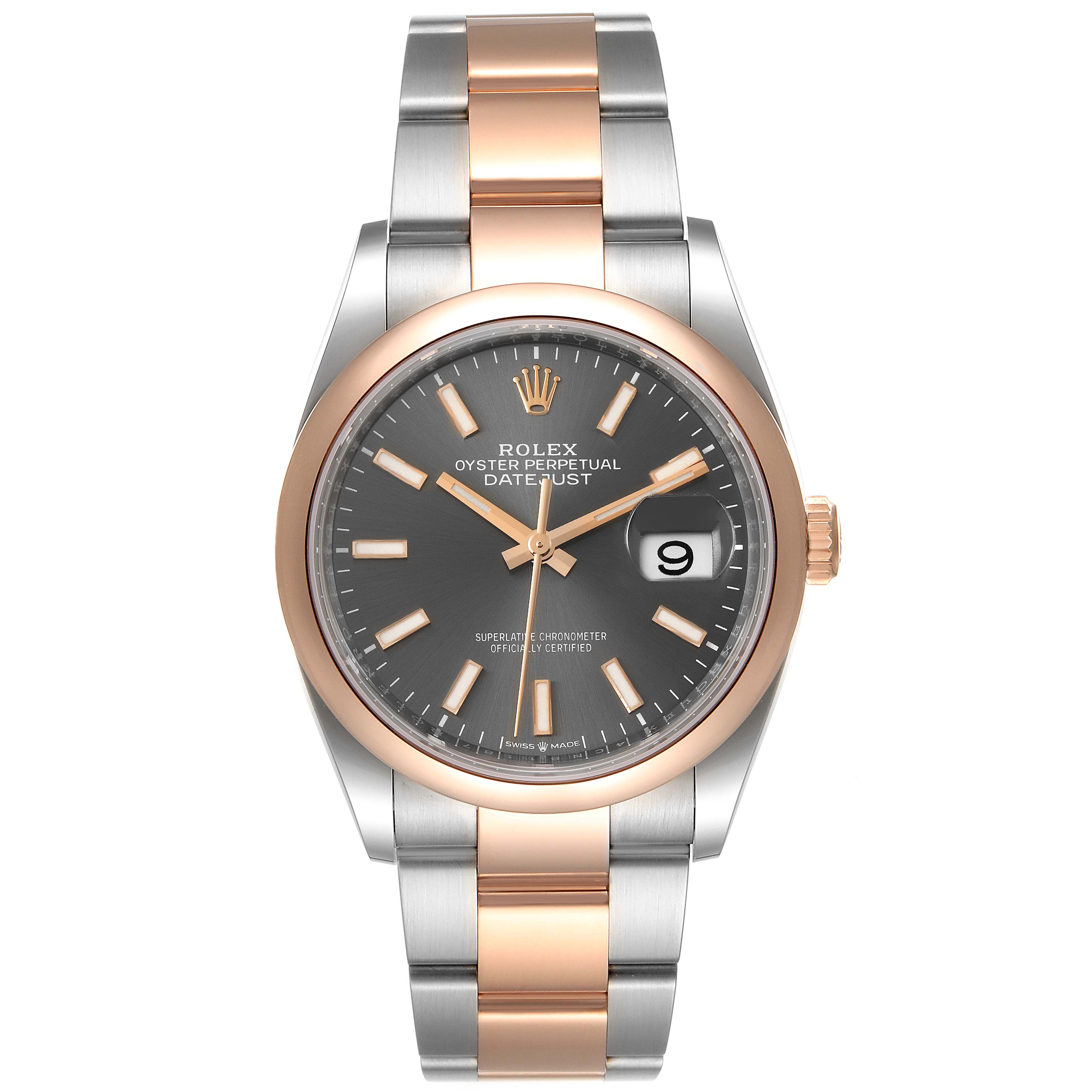The image shows a front view of a Rolex Datejust 116201 Men
s Steel and Gold (two tone) Grey Dial 116201 Men
s Steel and Gold (two tone) Grey Dial watch, highlighting the dial, bezel, and two-tone bracelet.
