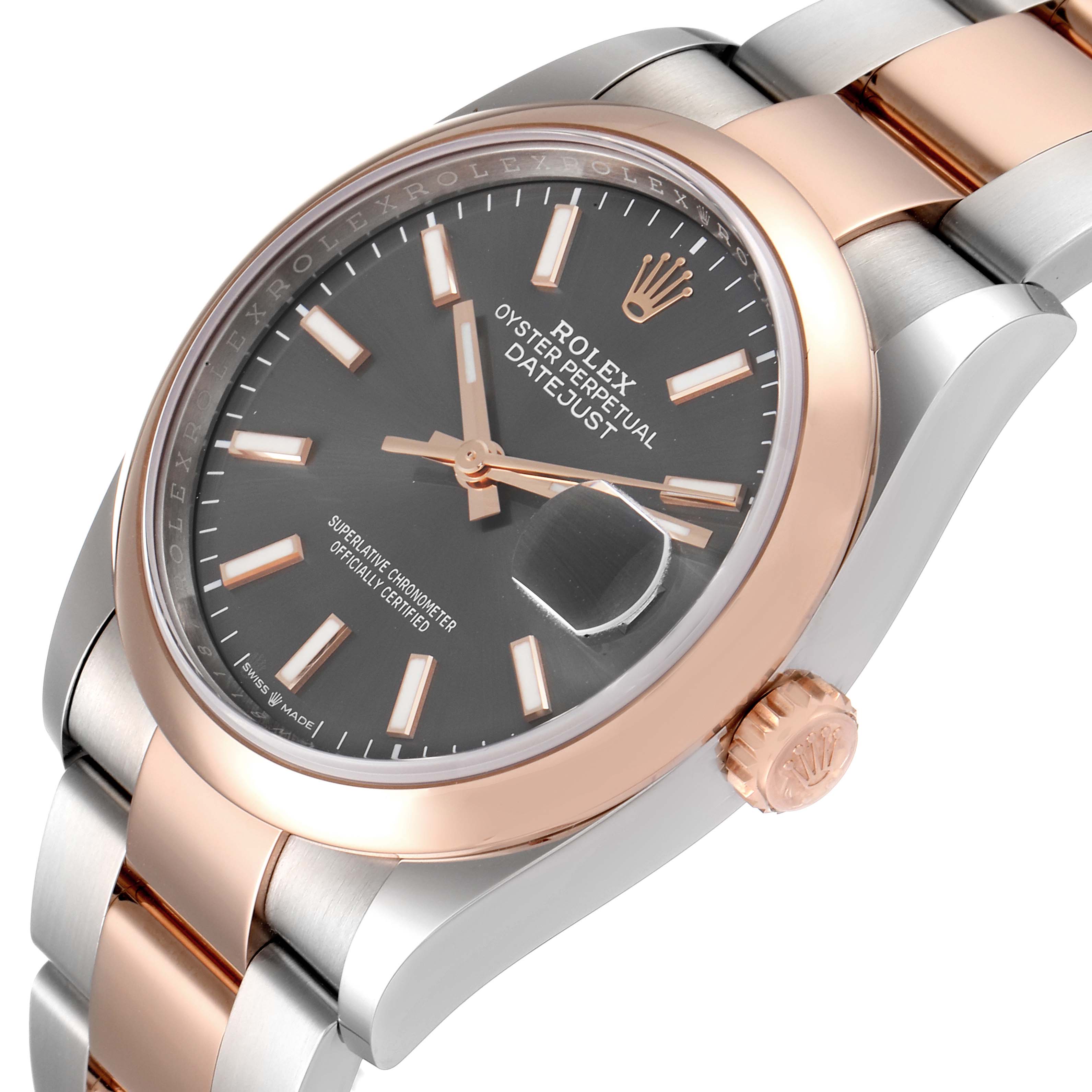 The image shows a close-up of a Rolex Datejust 116201 Men
s Steel and Gold (two tone) Grey Dial 116201 Men
s Steel and Gold (two tone) Grey Dial watch
s face, bezel, crown, and bracelet at an angled view.