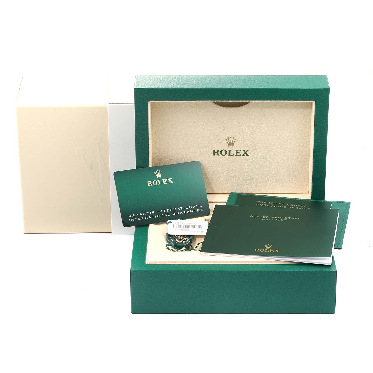 The image shows the packaging, warranty cards, and manuals for a Rolex Datejust 116201 Men
s Steel and Gold (two tone) Grey Dial 116201 Men
s Steel and Gold (two tone) Grey Dial watch, but not the watch itself.
