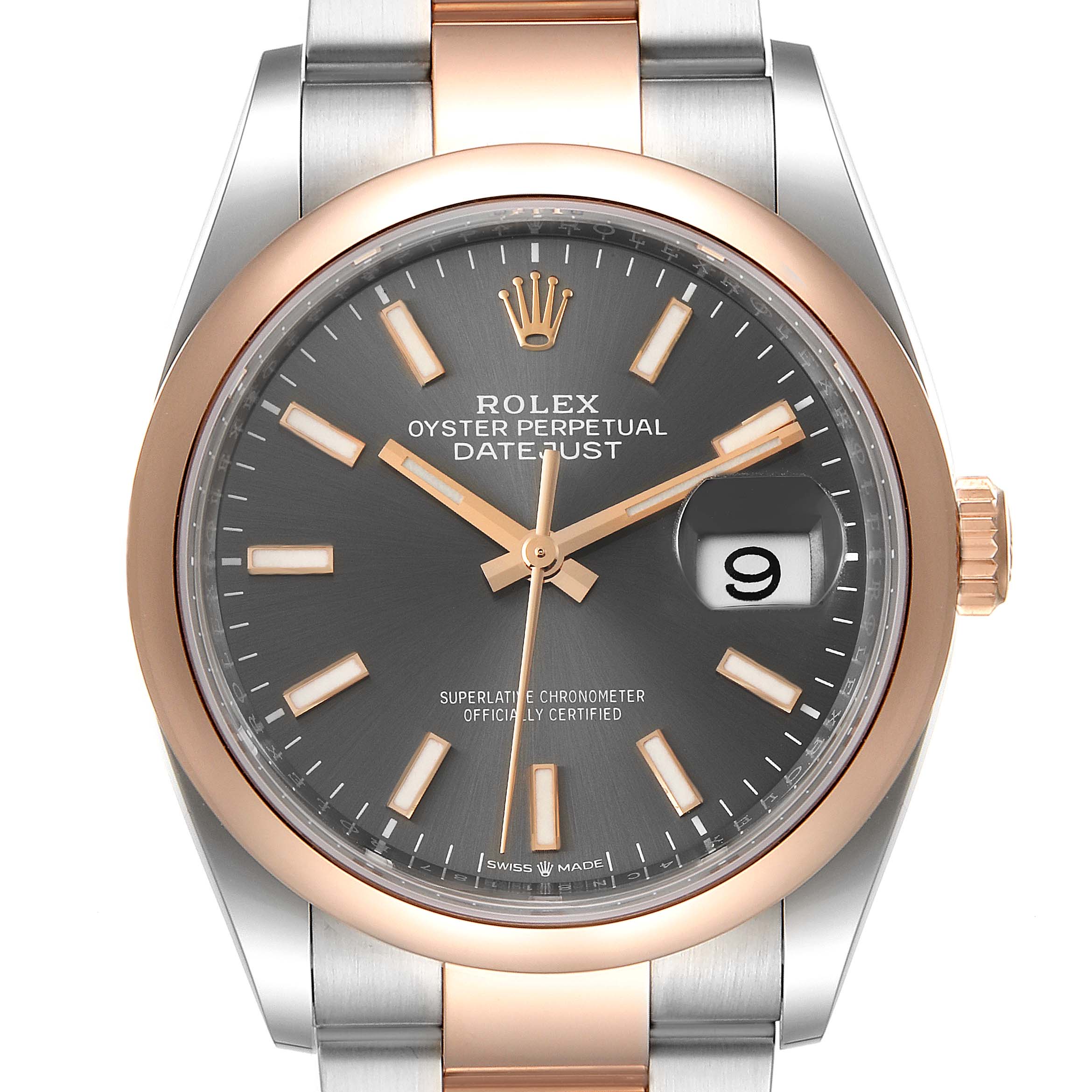 This image shows a Rolex Datejust 116201 Men
s Steel and Gold (two tone) Grey Dial 116201 Men
s Steel and Gold (two tone) Grey Dial watch from a front angle, highlighting its dial, case, bezel, and part of the bracelet.