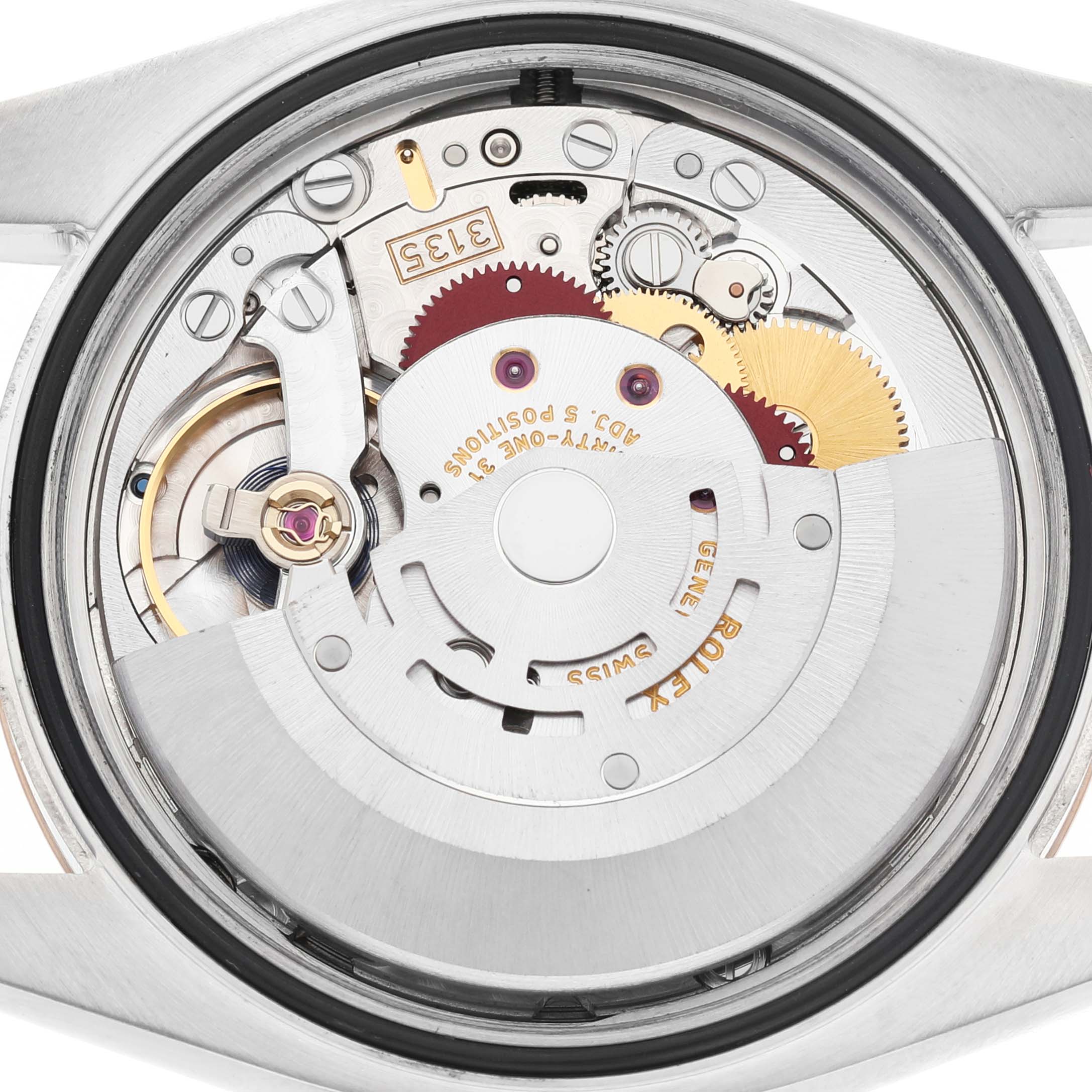 The image shows the movement mechanism of a Rolex Datejust 116231 Men's Stainless Steel Silver Dial, viewed from the back, highlighting gears and components.